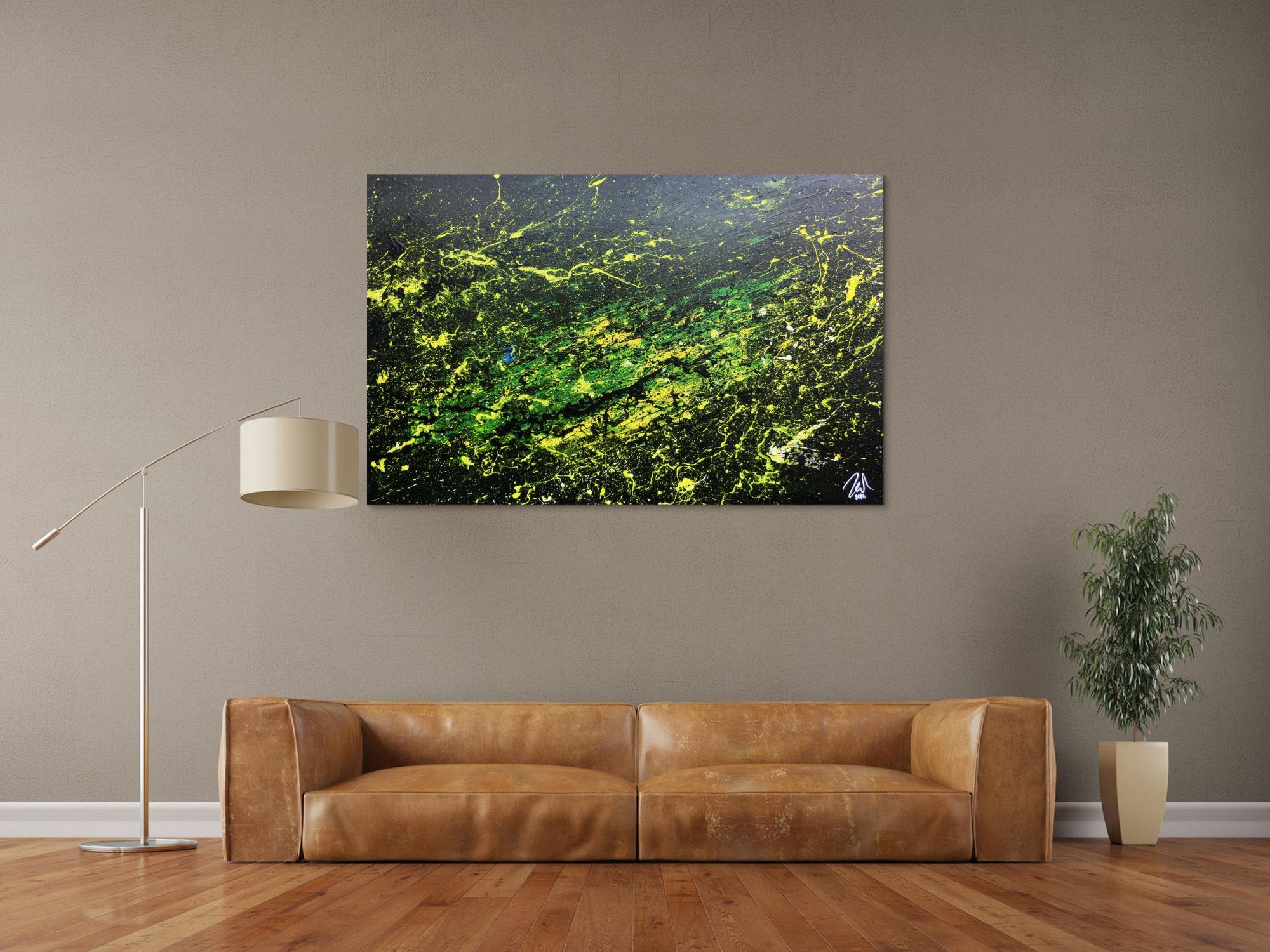 Sehr modernes abstraktes Gemälde mit dunklen Farben und grün gelb