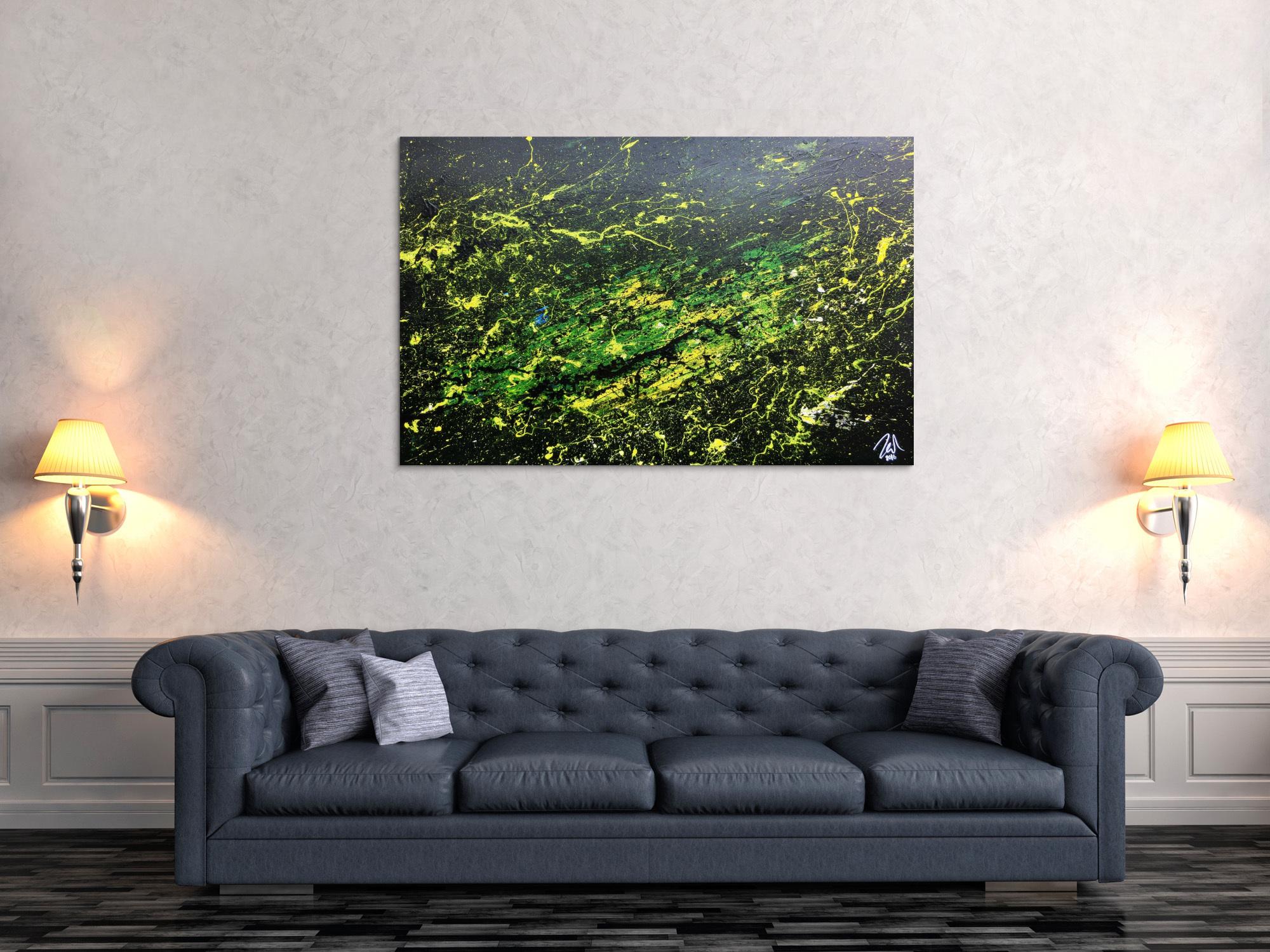 Sehr modernes abstraktes Gemälde mit dunklen Farben und grün gelb