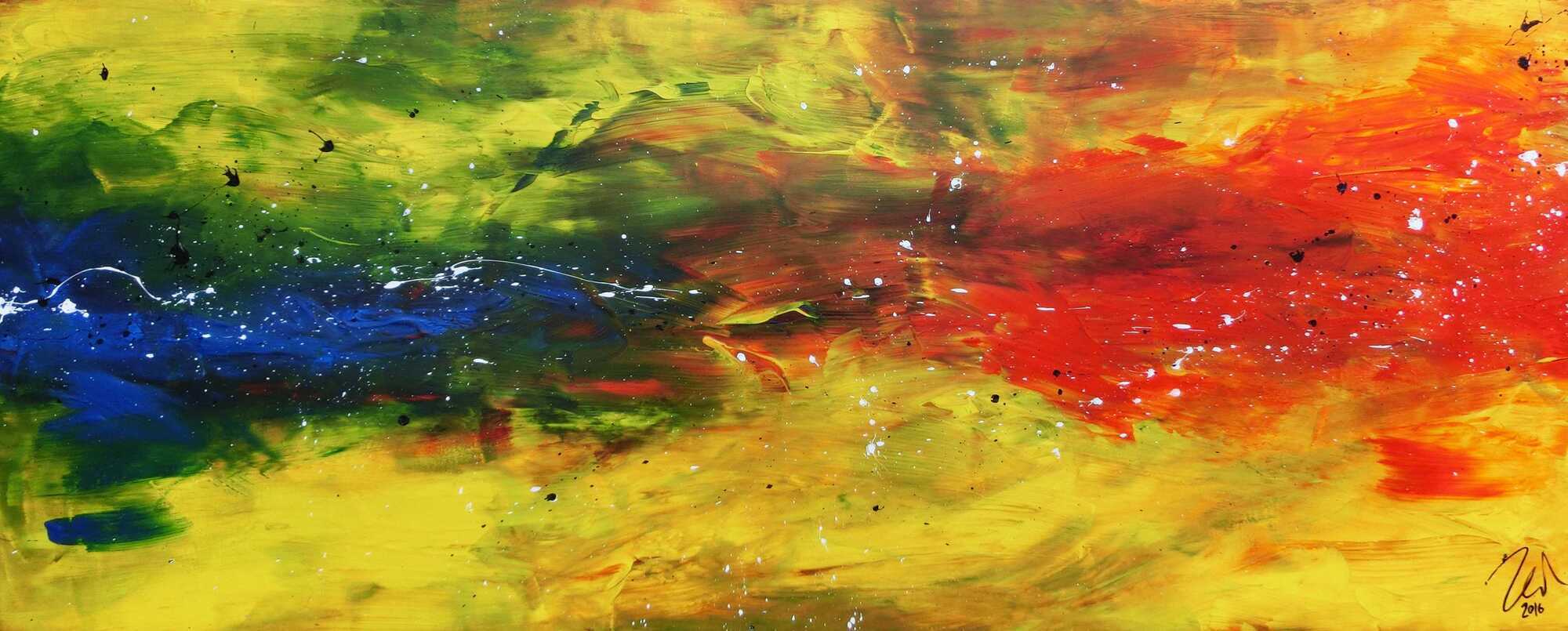 Modernes abstraktes Acrylbild bunt in gelb blau und rot