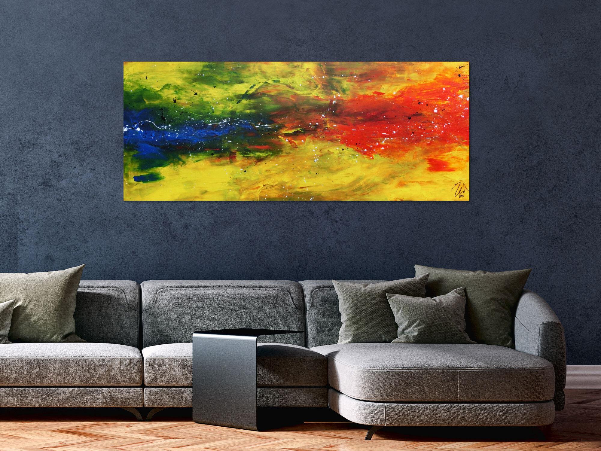 Modernes abstraktes Acrylbild bunt in gelb blau und rot