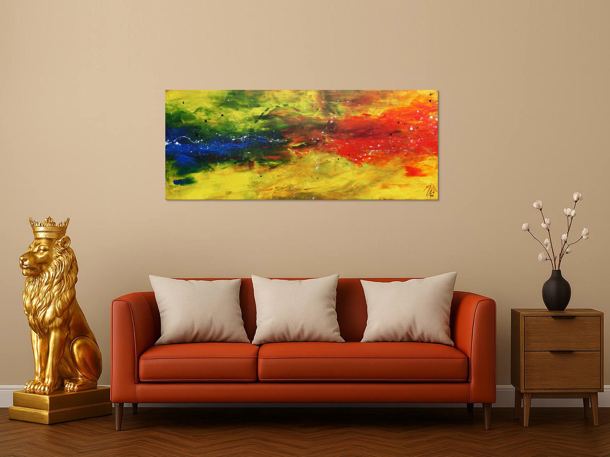 Modernes abstraktes Acrylbild bunt in gelb blau und rot