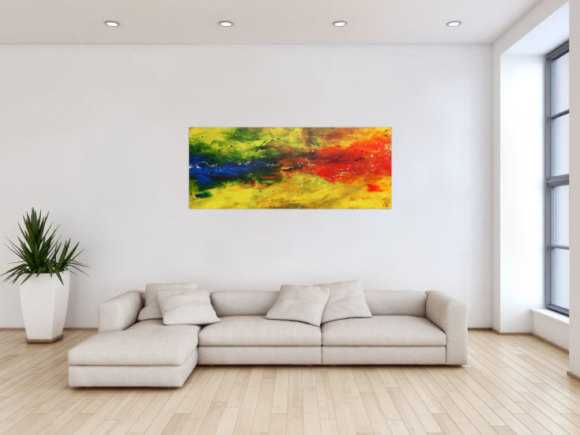 Modernes abstraktes Acrylbild bunt in gelb blau und rot