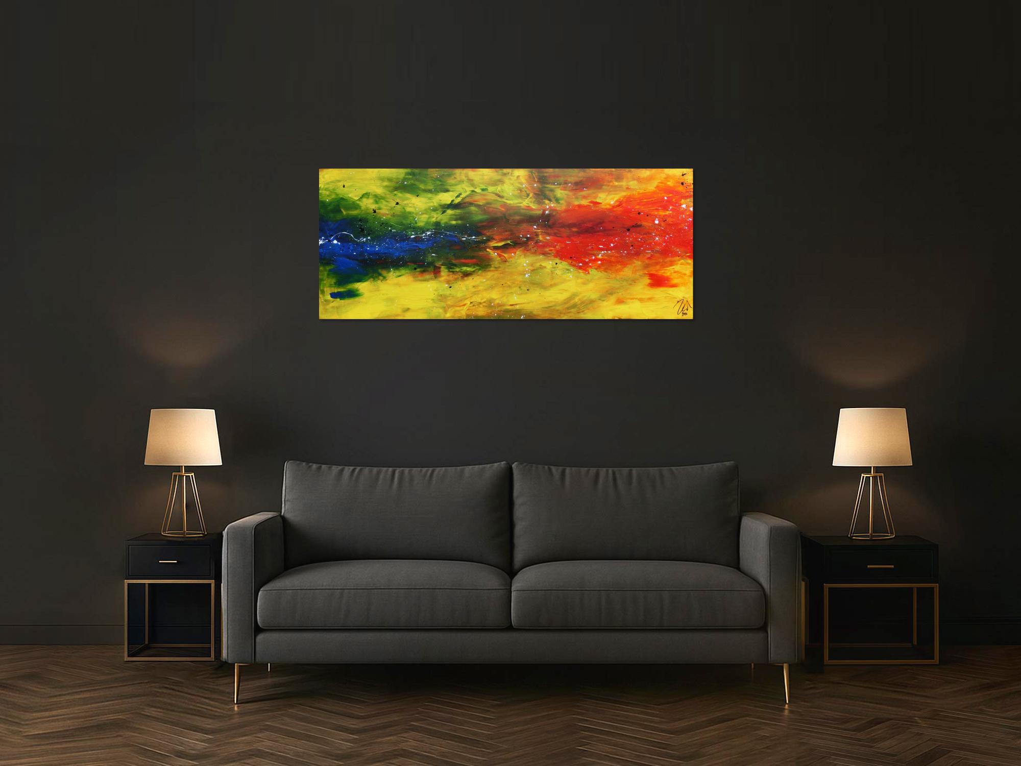 Modernes abstraktes Acrylbild bunt in gelb blau und rot