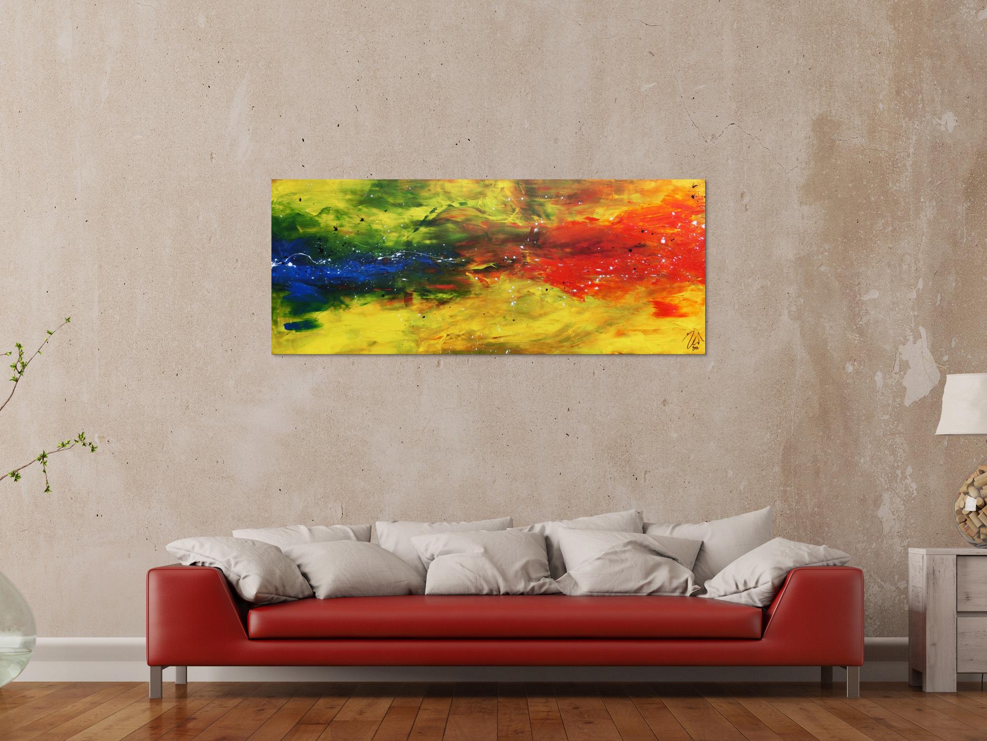 Modernes abstraktes Acrylbild bunt in gelb blau und rot