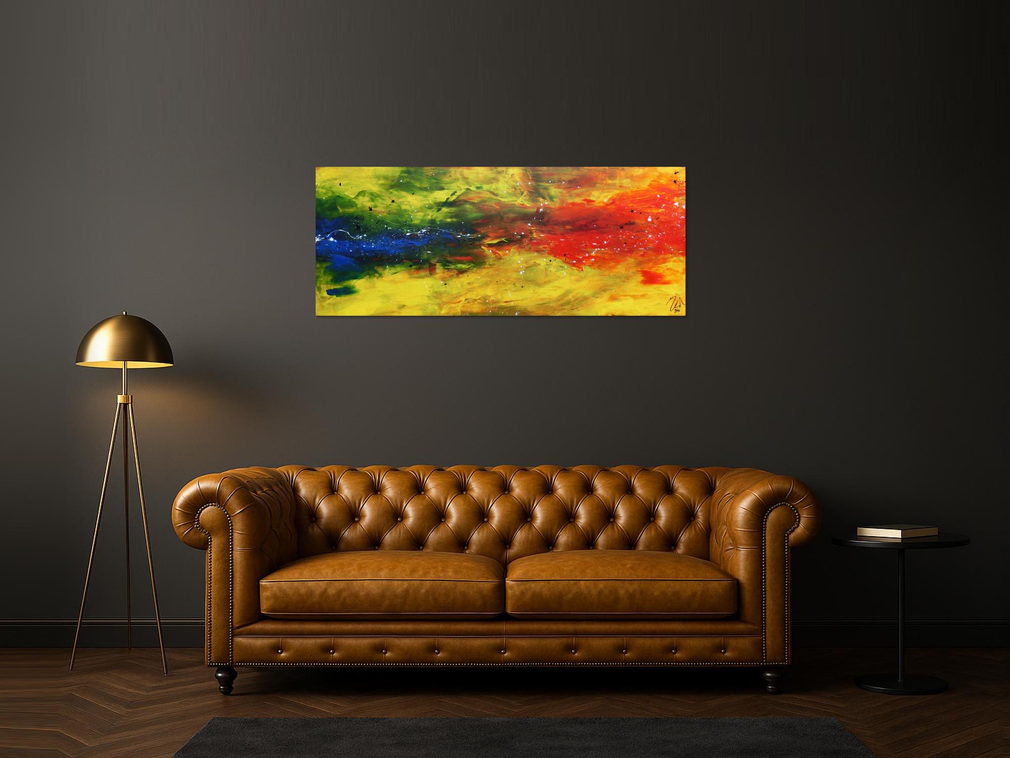 Modernes abstraktes Acrylbild bunt in gelb blau und rot