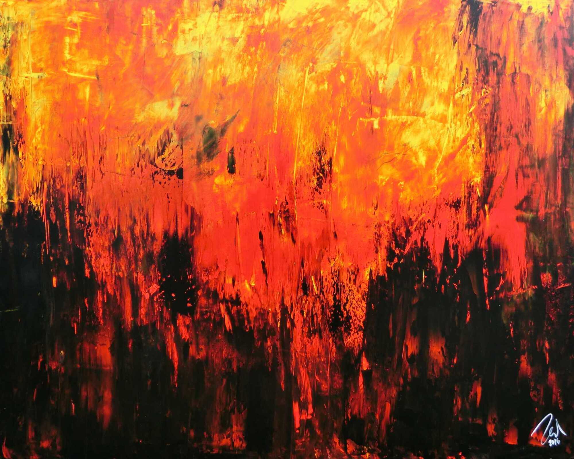 Sehr starkes abstrakes Acrylbild in schwarz orange rot und gelb