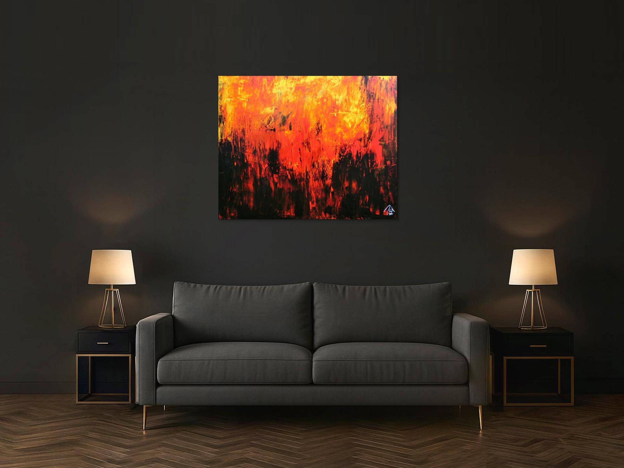 Sehr starkes abstrakes Acrylbild in schwarz orange rot und gelb