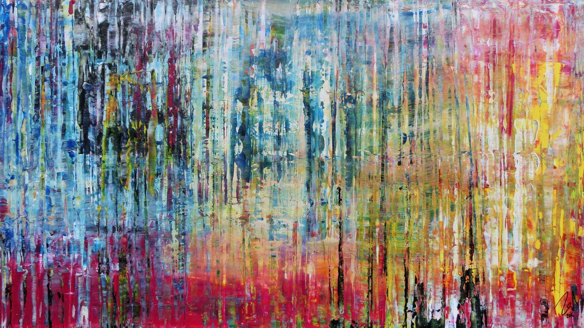 Sehr buntes und modernes abstraktes Acrylgemälde helle und dunkle Farben