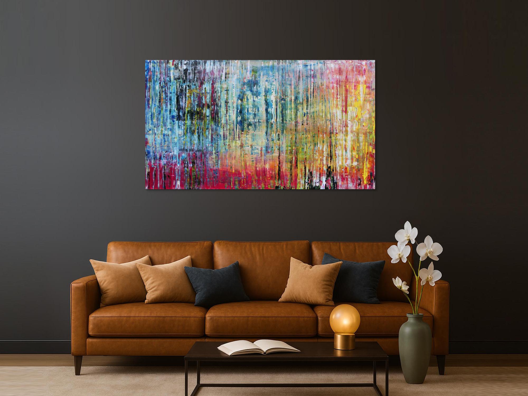 Sehr buntes und modernes abstraktes Acrylgemälde helle und dunkle Farben