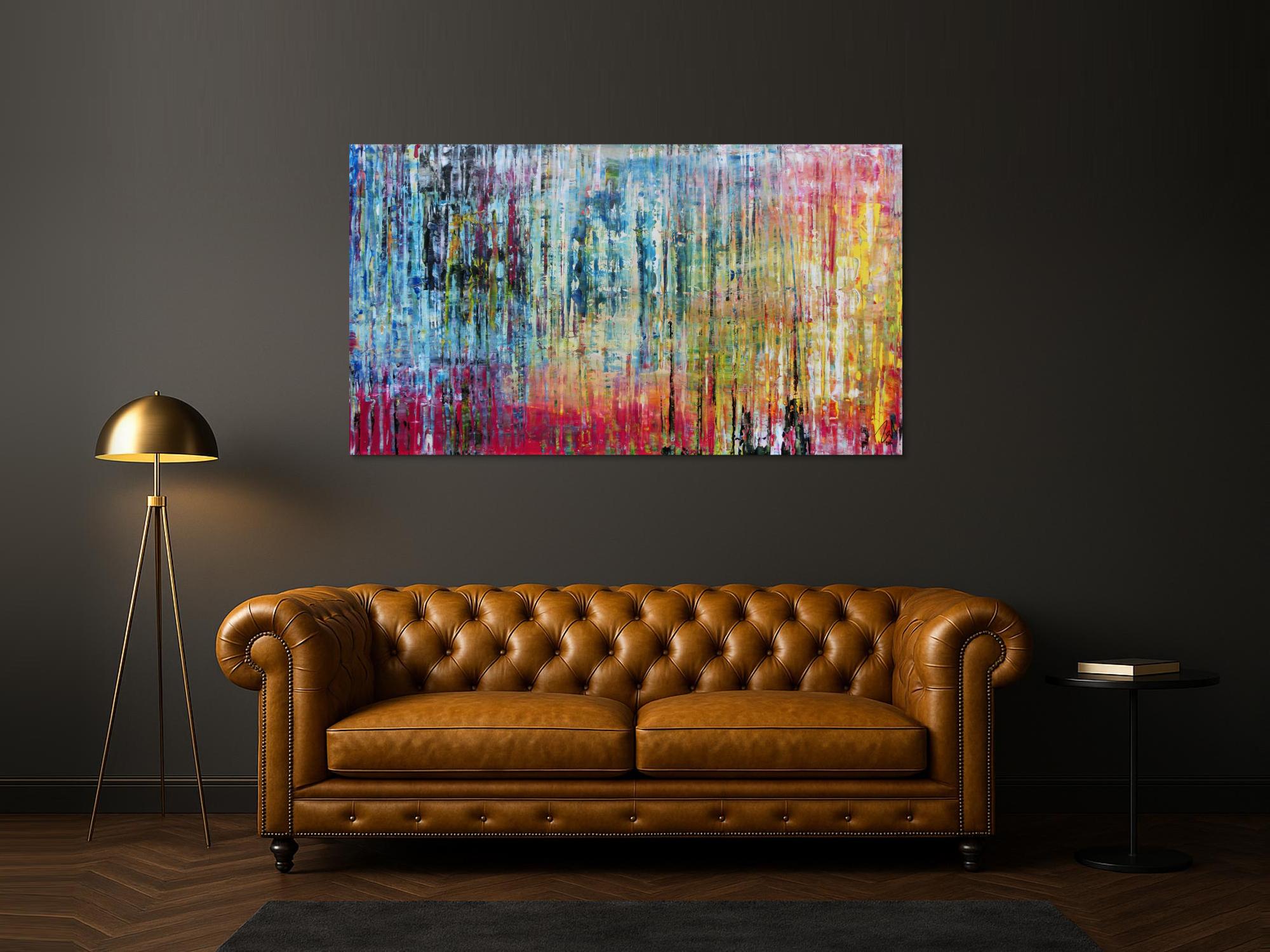 Sehr buntes und modernes abstraktes Acrylgemälde helle und dunkle Farben