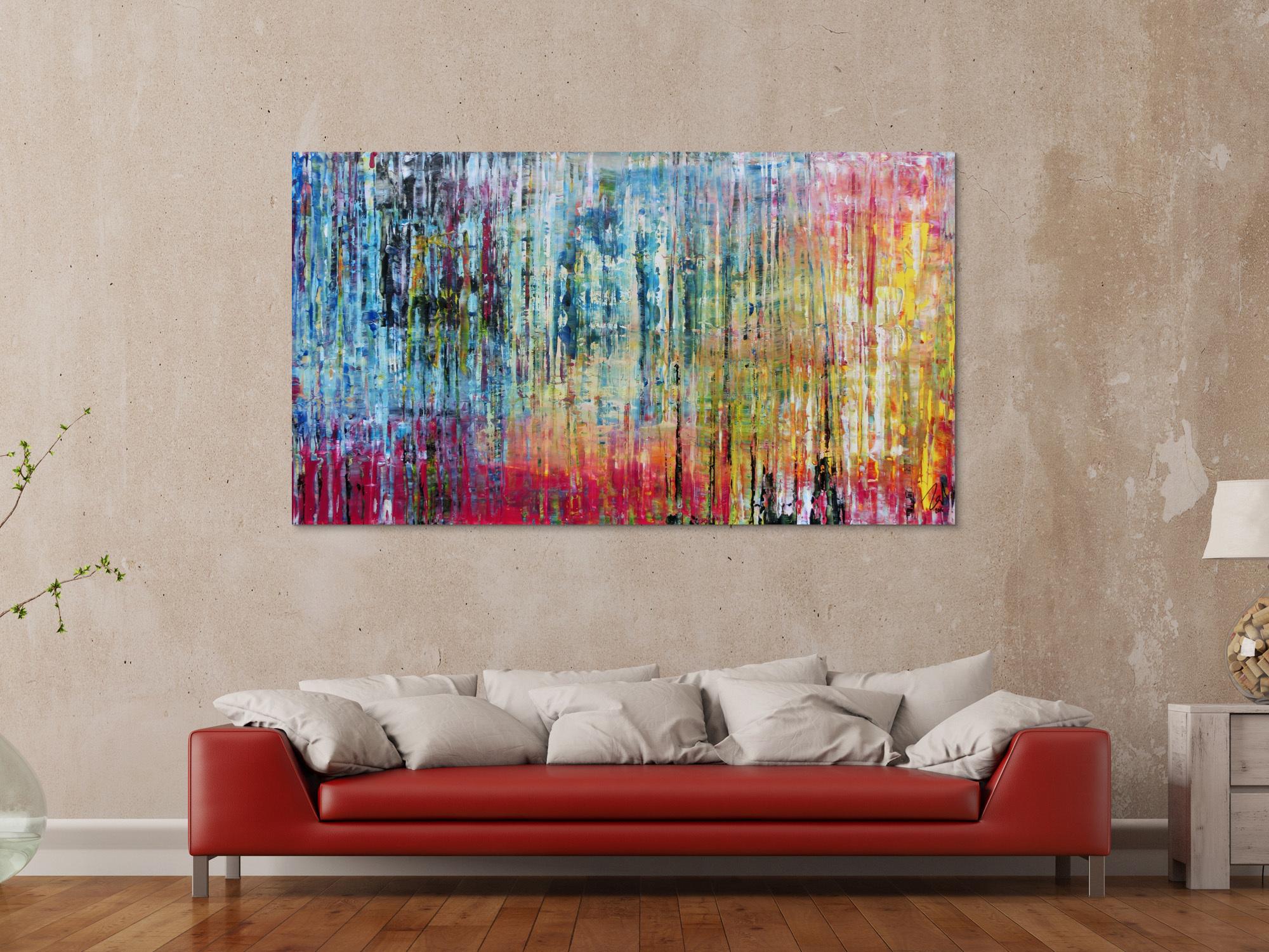 Sehr buntes und modernes abstraktes Acrylgemälde helle und dunkle Farben