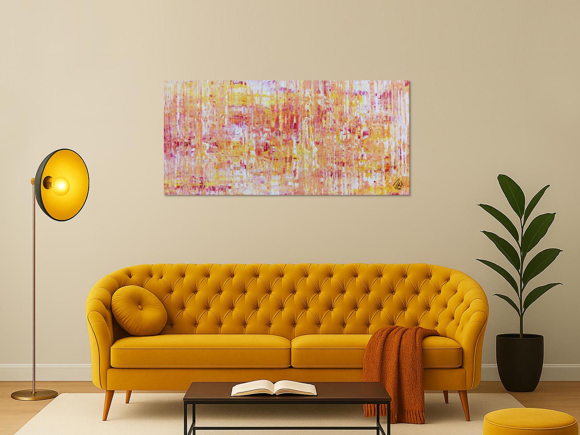 Helles Acrylgemälde modern abstrakt in pink gelb und weiß