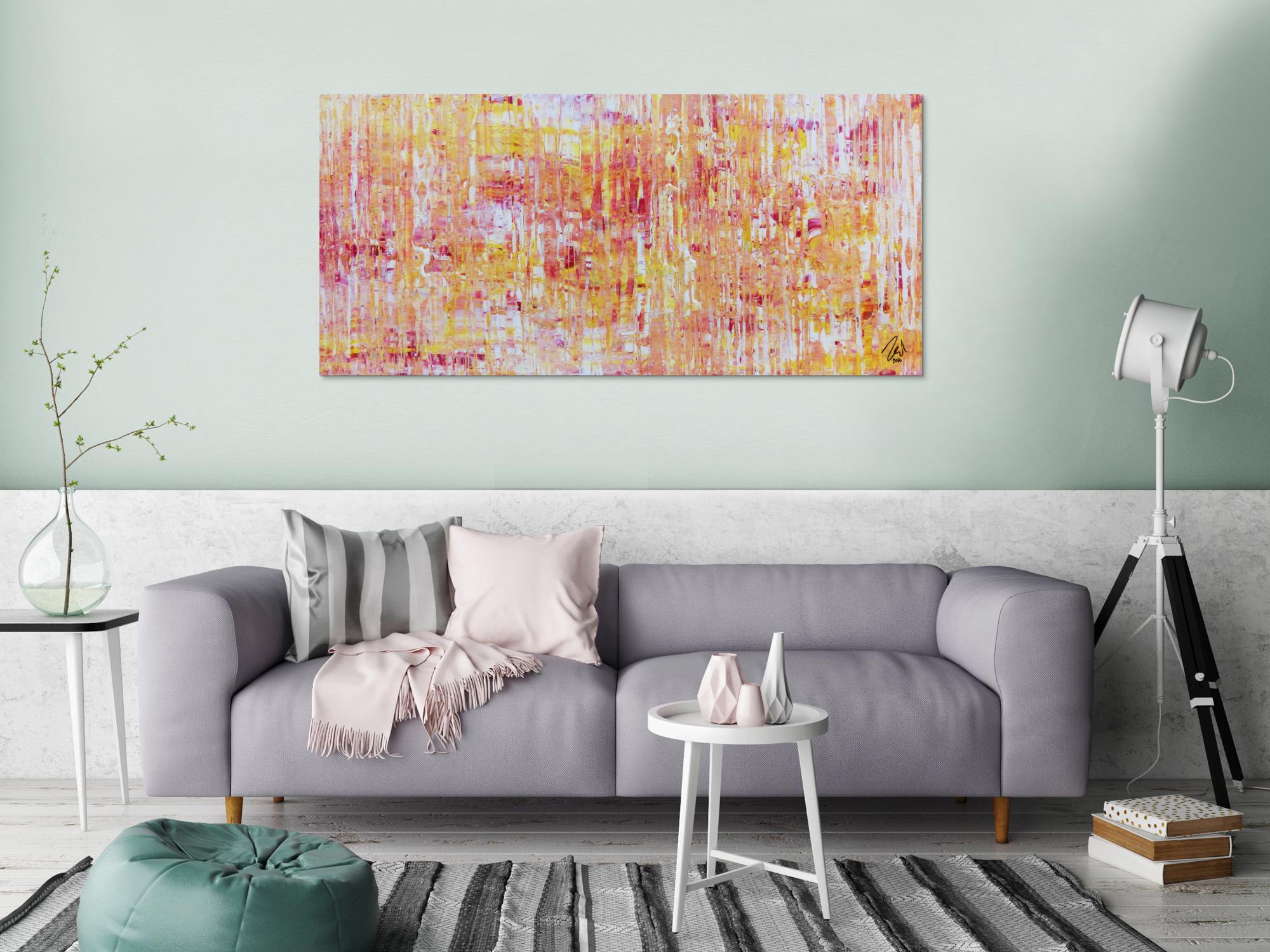 Helles Acrylgemälde modern abstrakt in pink gelb und weiß