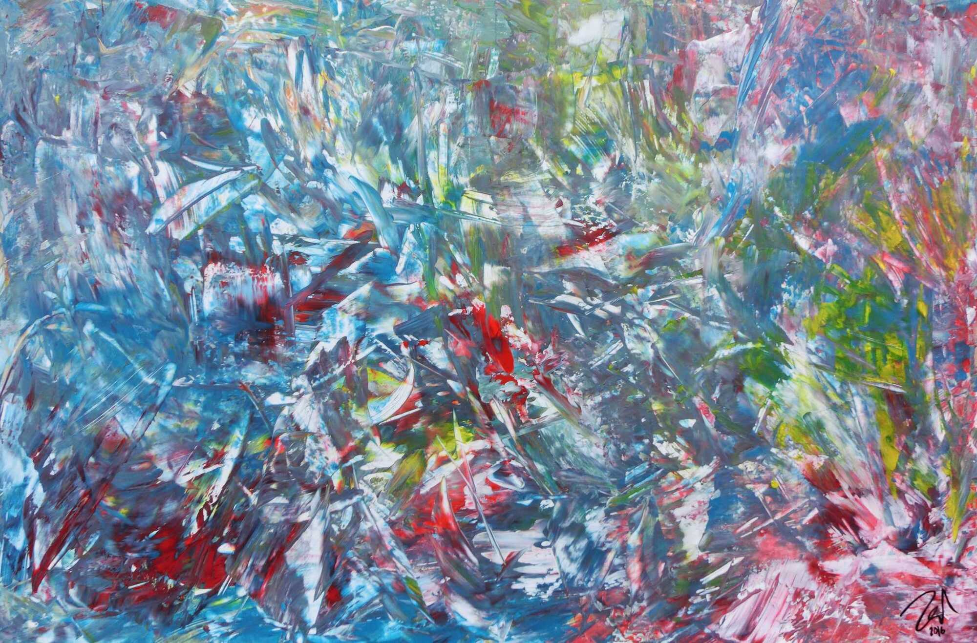 Abstraktes Gemälde aus Acryl modern viel blau und rot