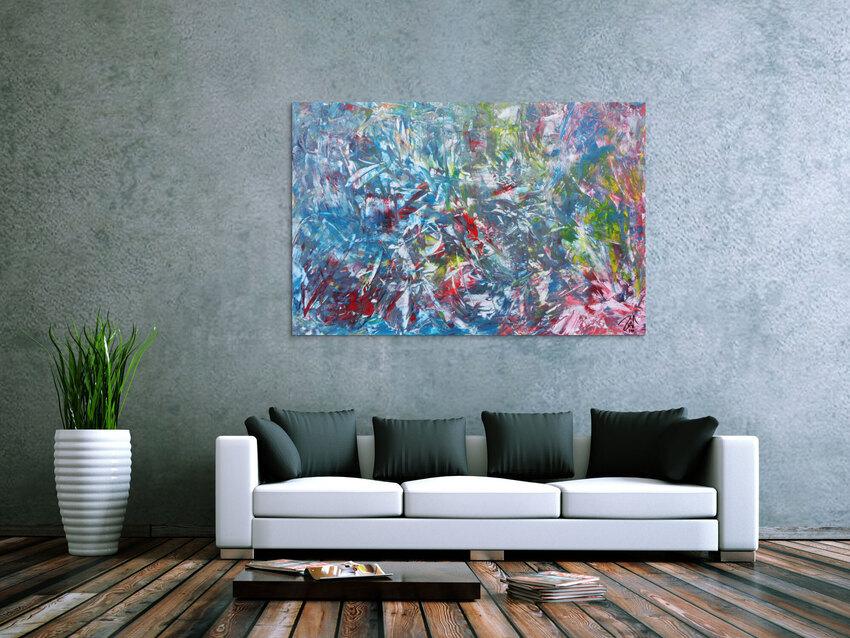 Abstraktes Gemälde aus Acryl modern viel blau und rot