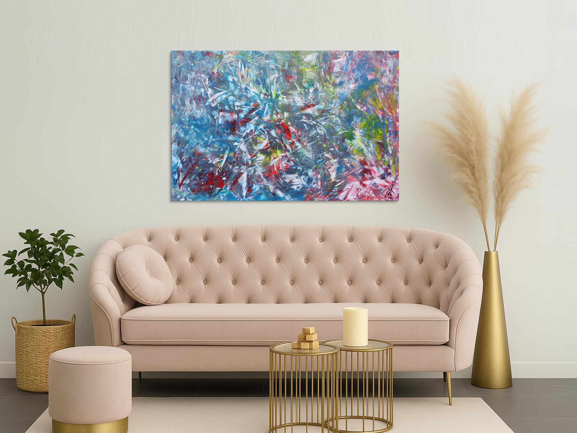 Abstraktes Gemälde aus Acryl modern viel blau und rot