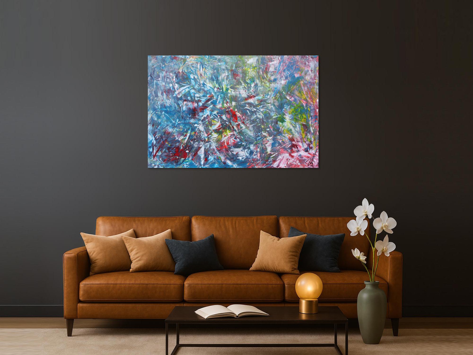 Abstraktes Gemälde aus Acryl modern viel blau und rot