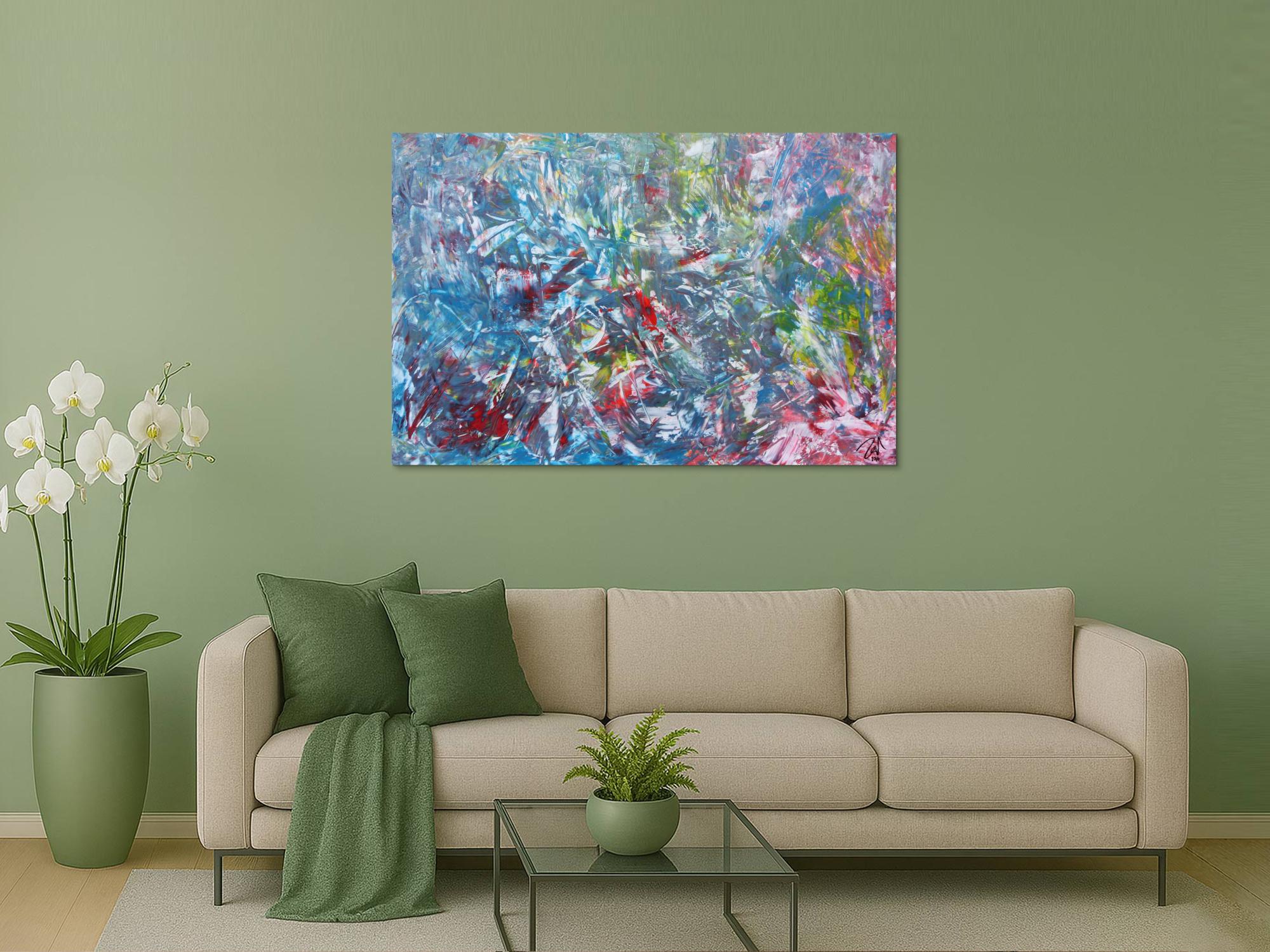 Abstraktes Gemälde aus Acryl modern viel blau und rot