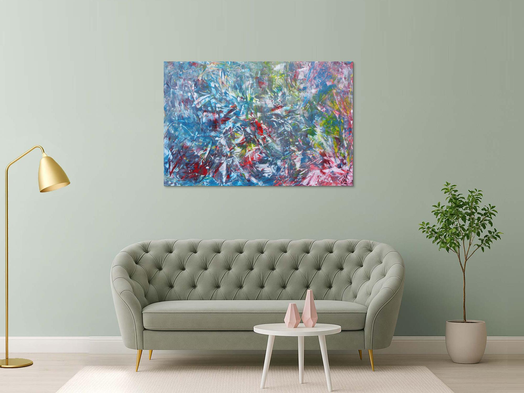 Abstraktes Gemälde aus Acryl modern viel blau und rot