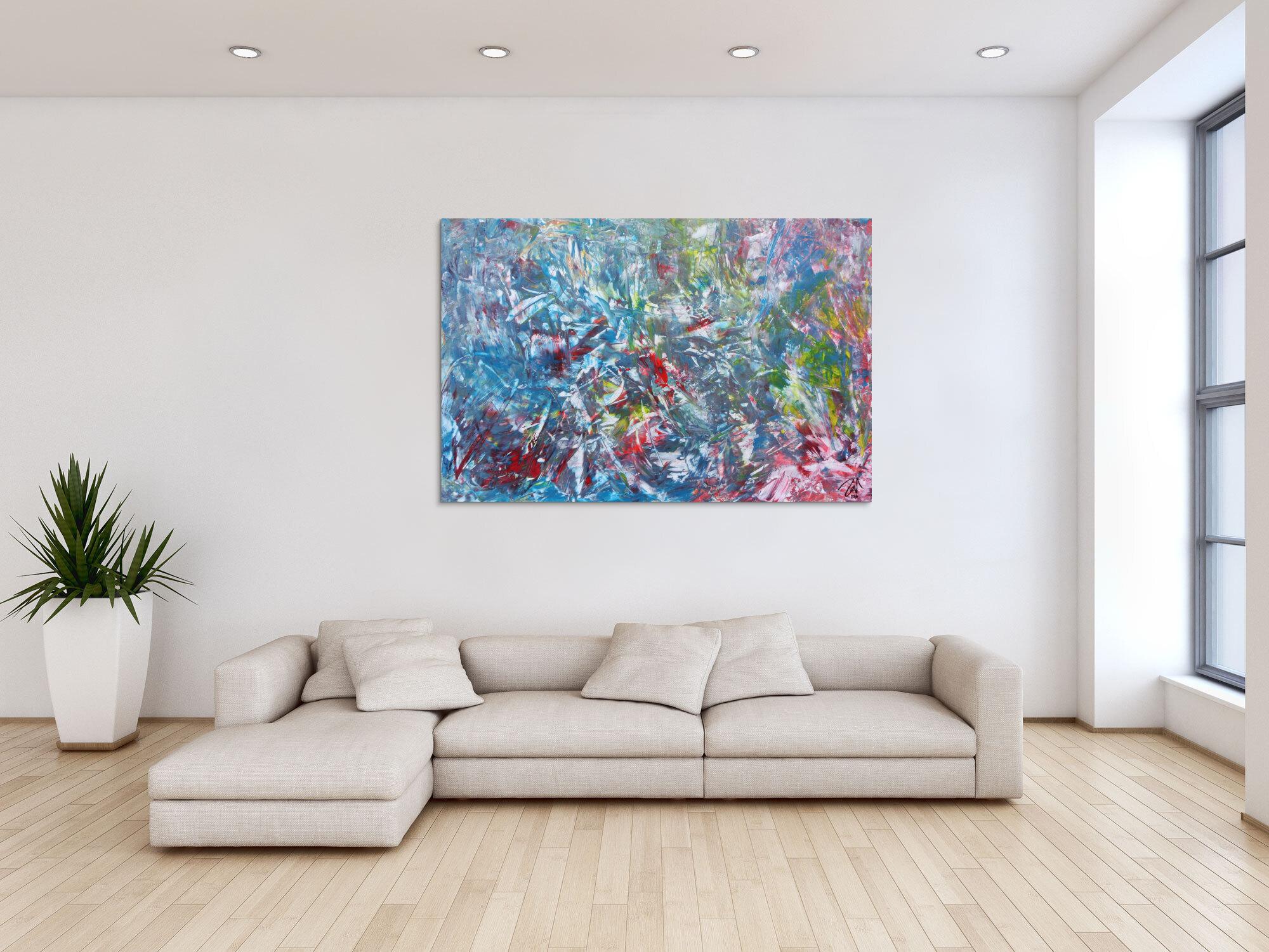 Abstraktes Gemälde aus Acryl modern viel blau und rot