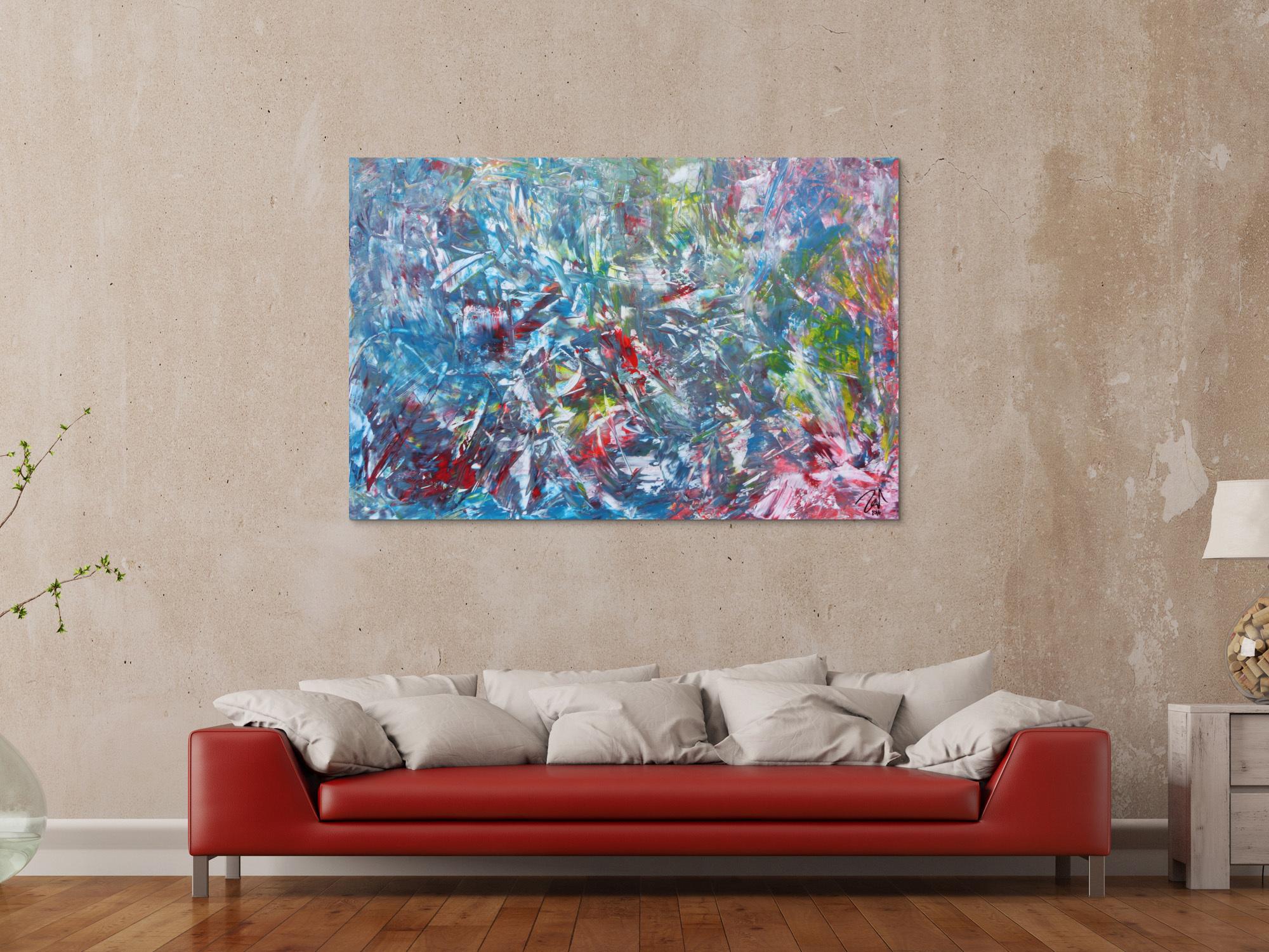 Abstraktes Gemälde aus Acryl modern viel blau und rot
