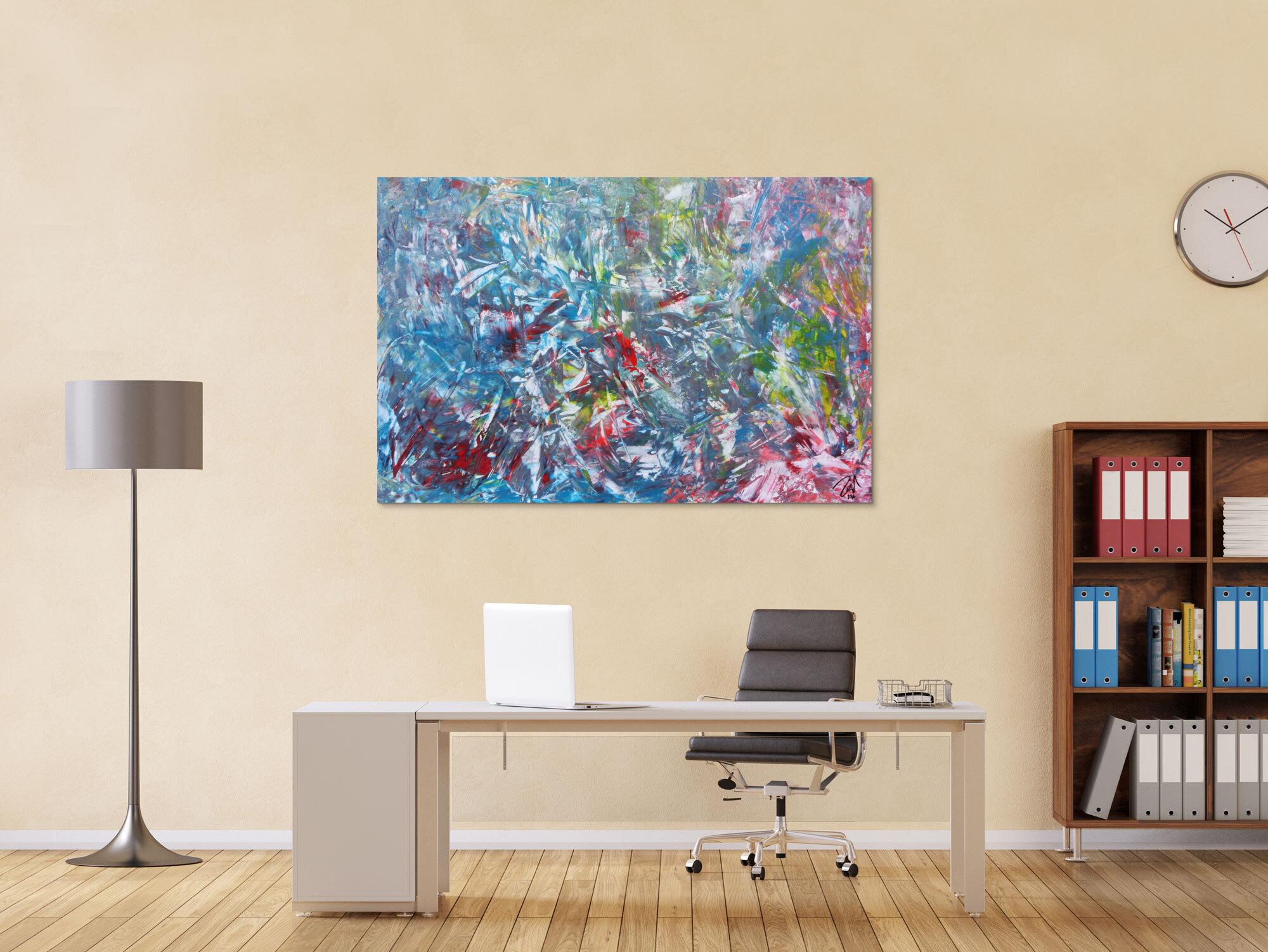 Abstraktes Gemälde aus Acryl modern viel blau und rot