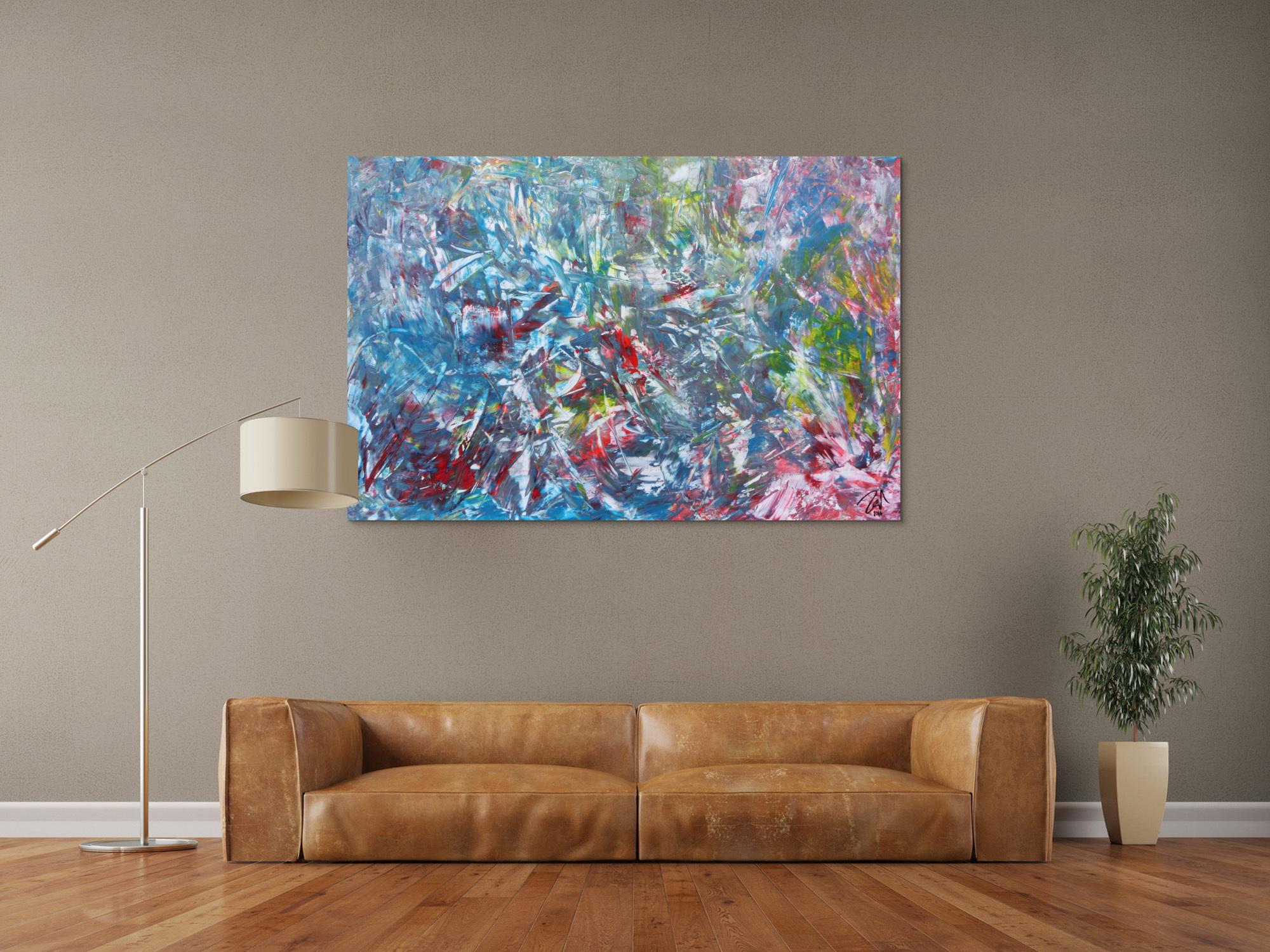 Abstraktes Gemälde aus Acryl modern viel blau und rot