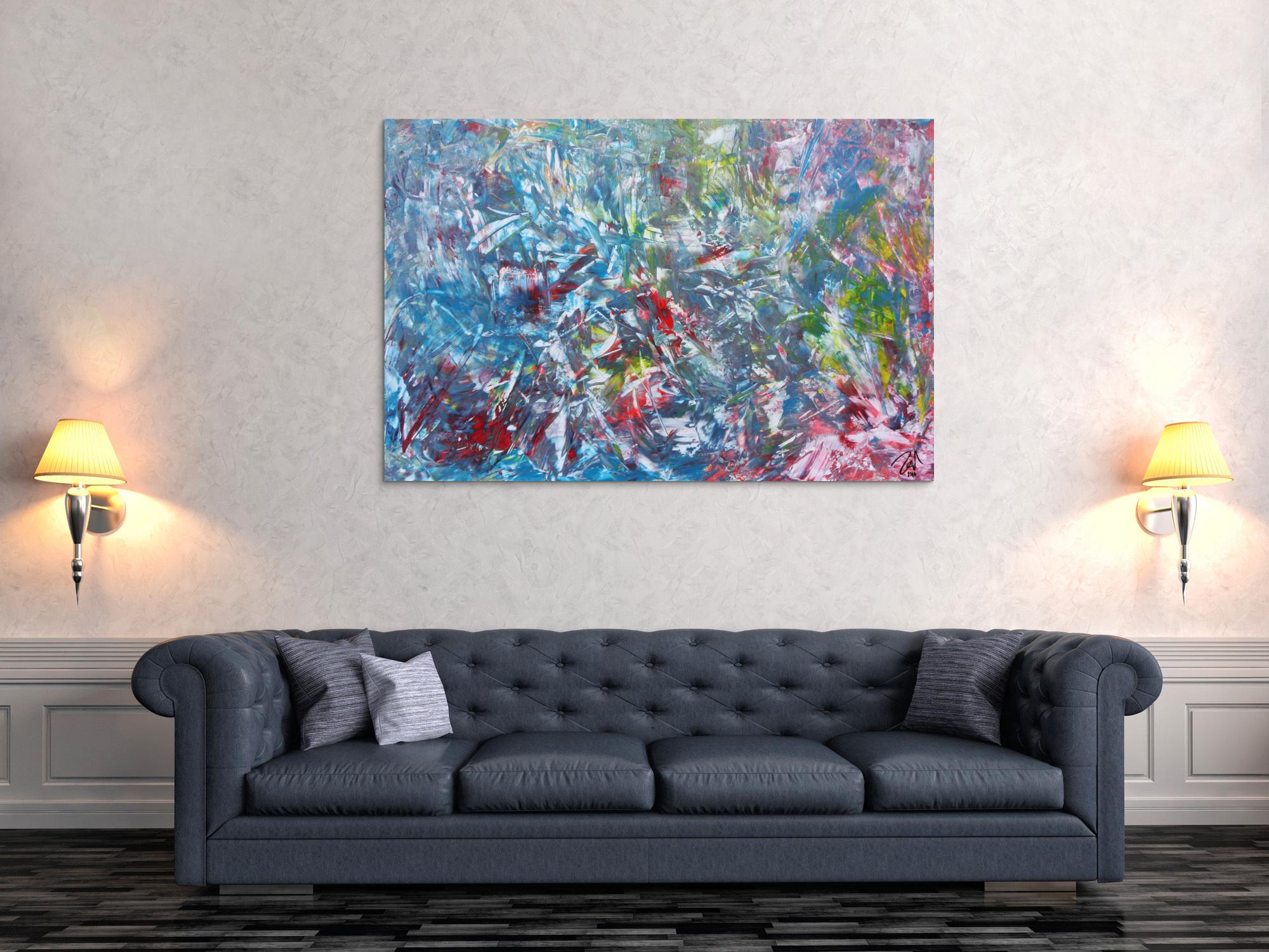 Abstraktes Gemälde aus Acryl modern viel blau und rot