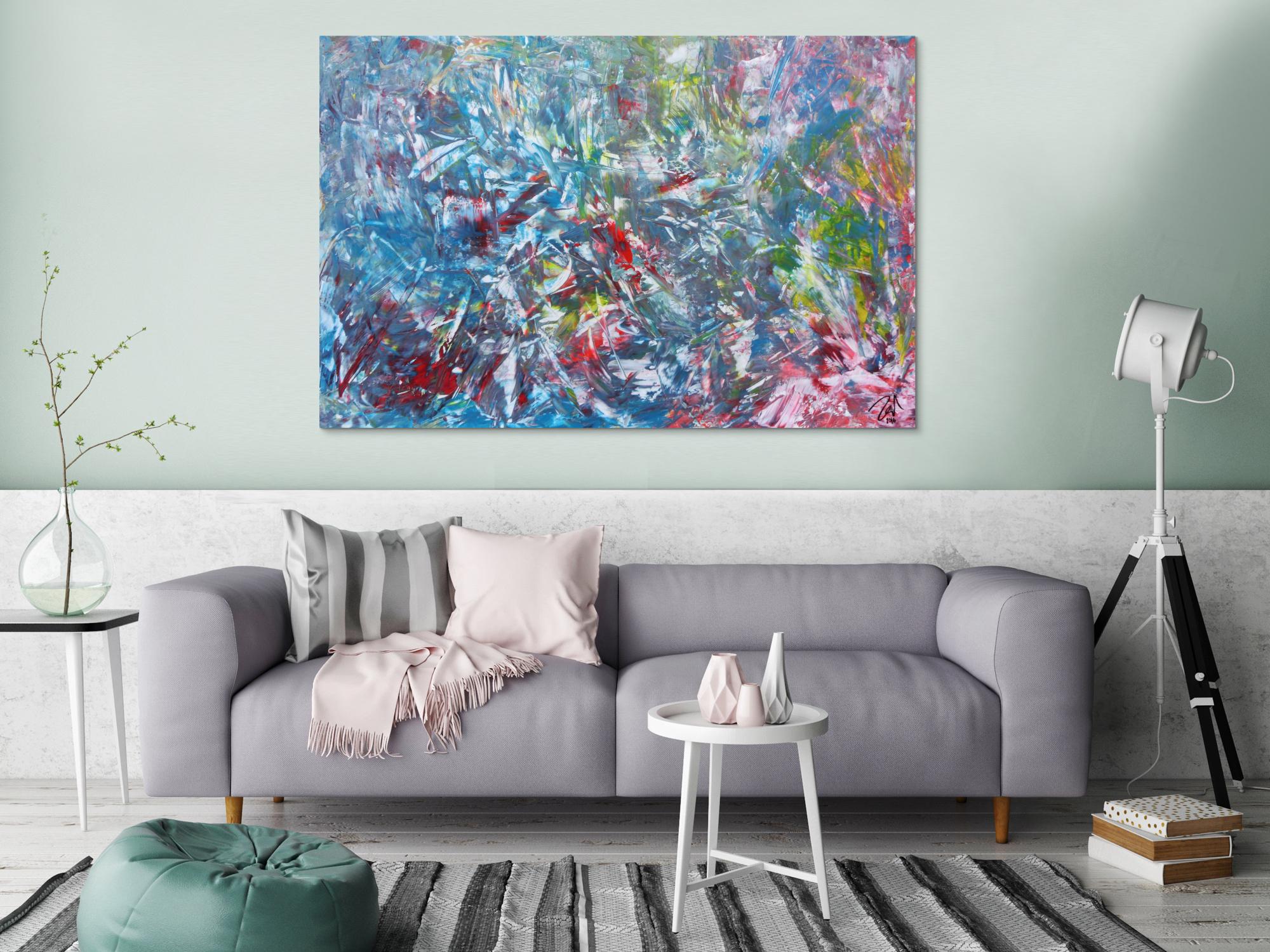 Abstraktes Gemälde aus Acryl modern viel blau und rot