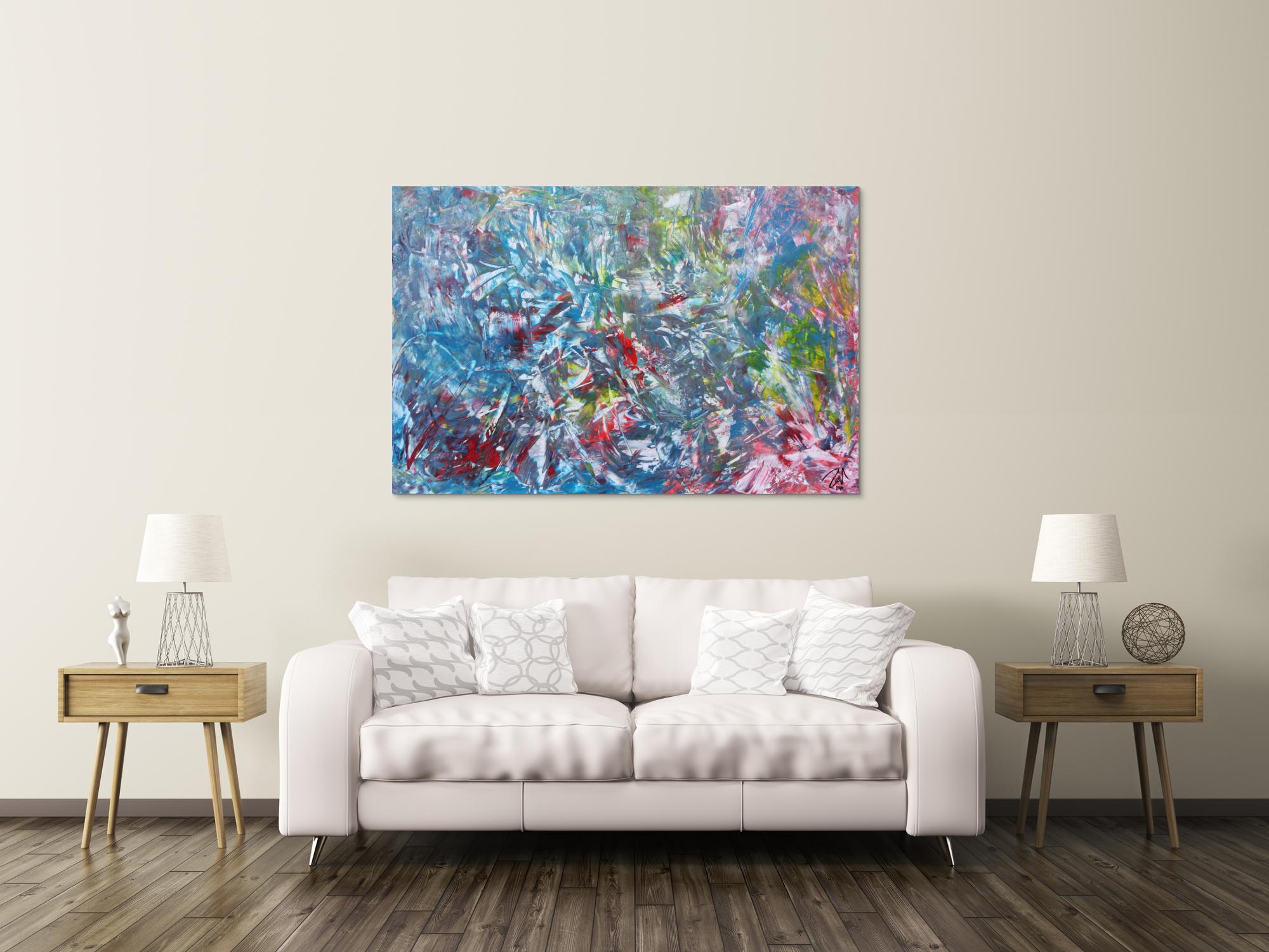 Abstraktes Gemälde aus Acryl modern viel blau und rot