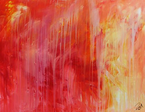 Abstraktes Acrylgemälde modern in rot orange und weiß