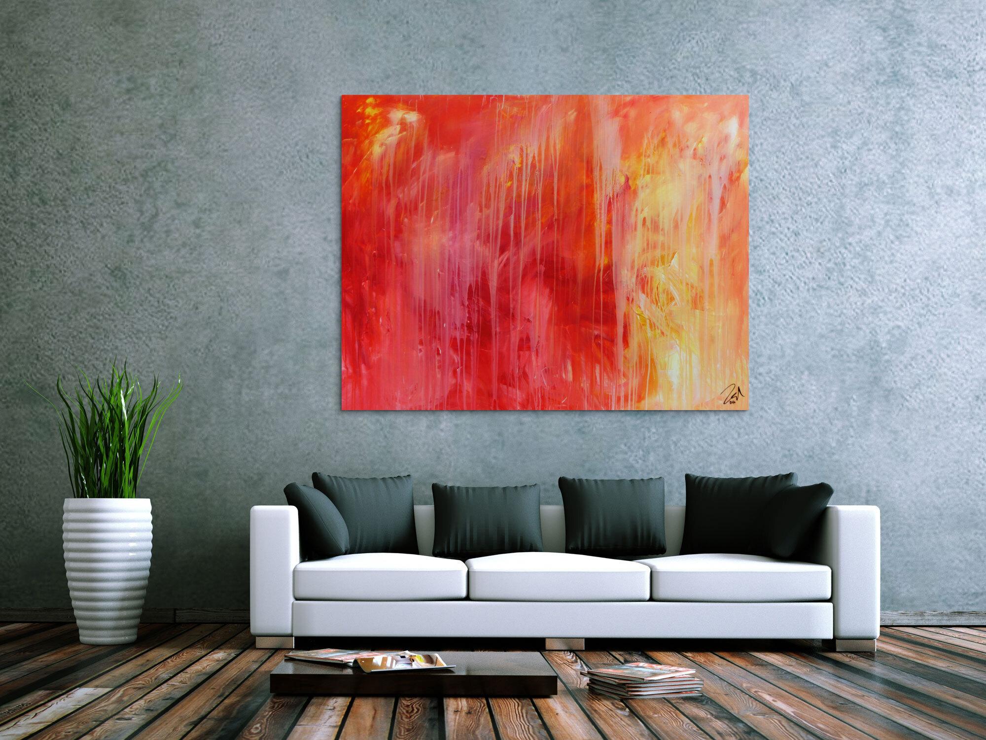 Abstraktes Acrylgemälde modern in rot orange und weiß
