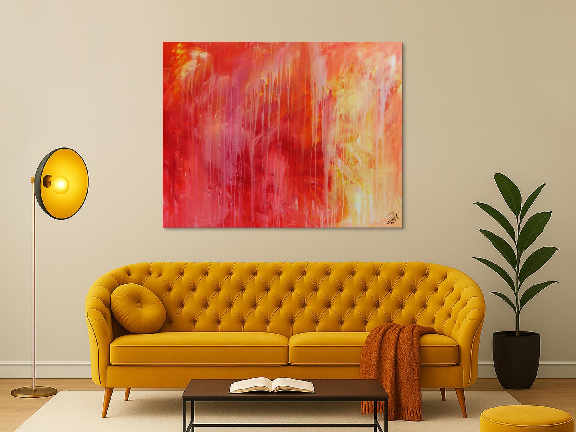 Abstraktes Acrylgemälde modern in rot orange und weiß