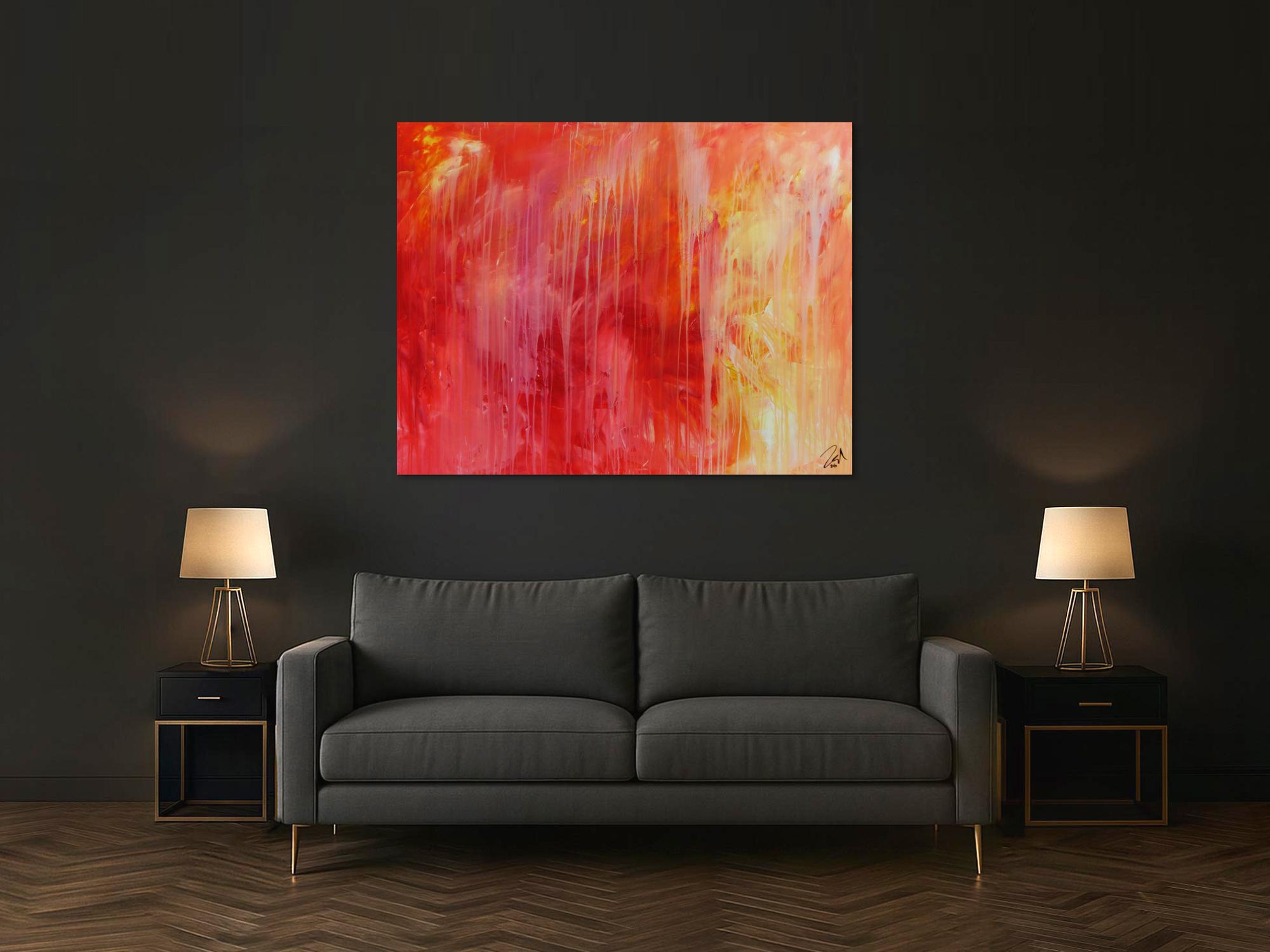 Abstraktes Acrylgemälde modern in rot orange und weiß