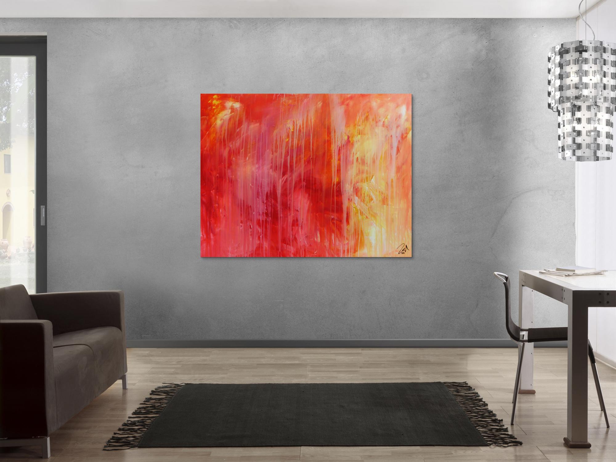 Abstraktes Acrylgemälde modern in rot orange und weiß