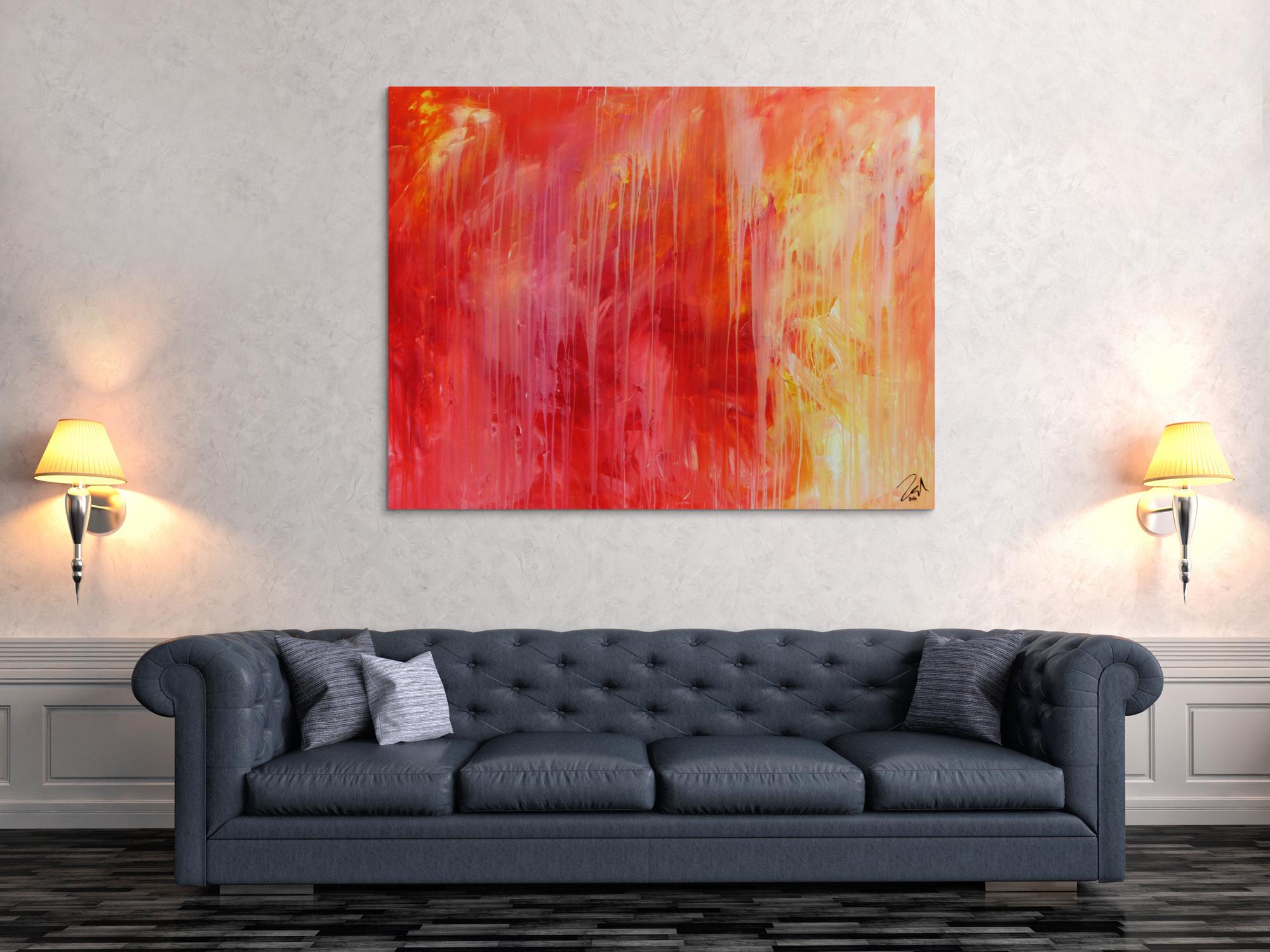 Abstraktes Acrylgemälde modern in rot orange und weiß