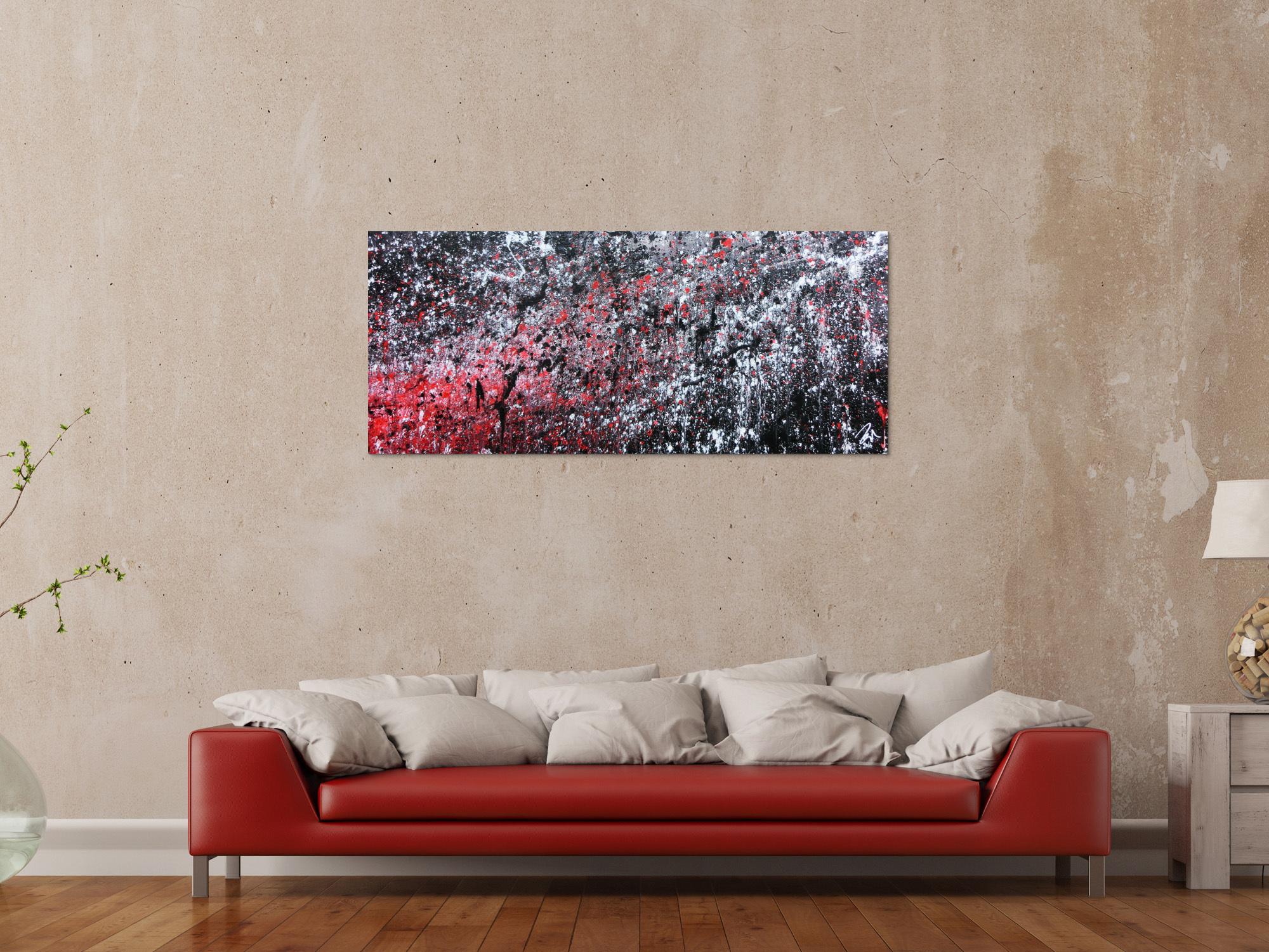 Abstraktes Acrylgemälde in schwarz weiß und rot