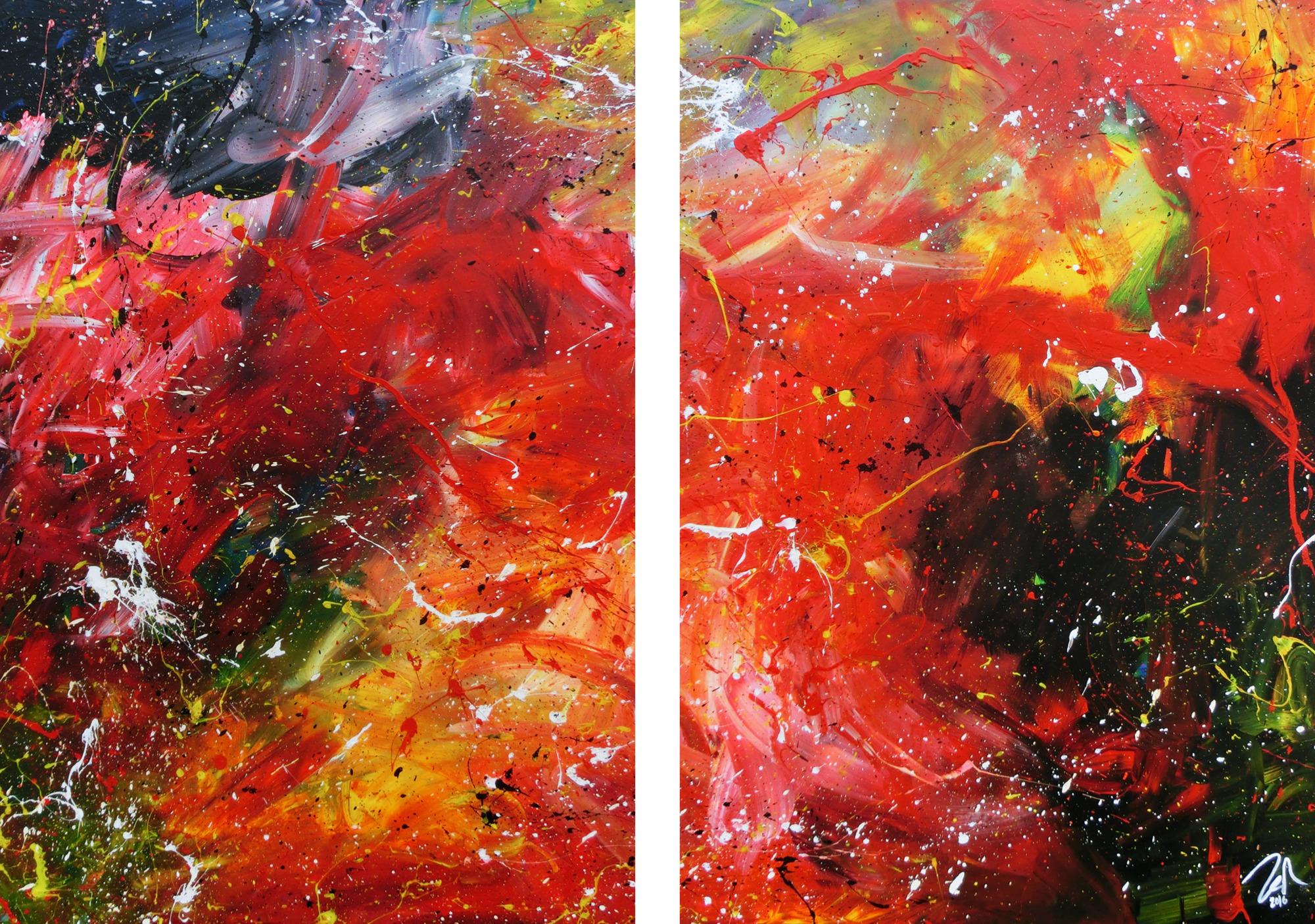Modernes abstraktes Acrylgemälde bunt aus zwei Teilen