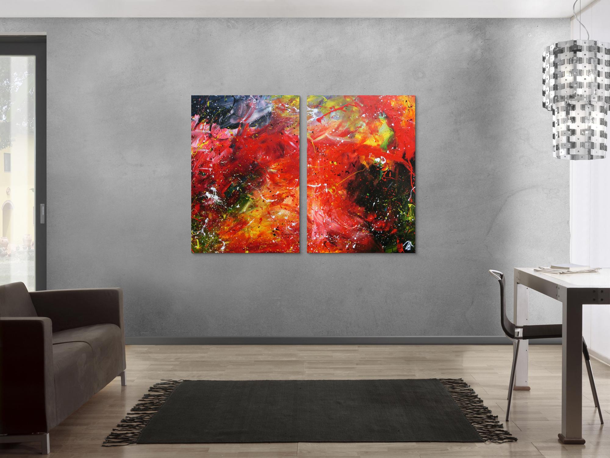 Modernes abstraktes Acrylgemälde bunt aus zwei Teilen