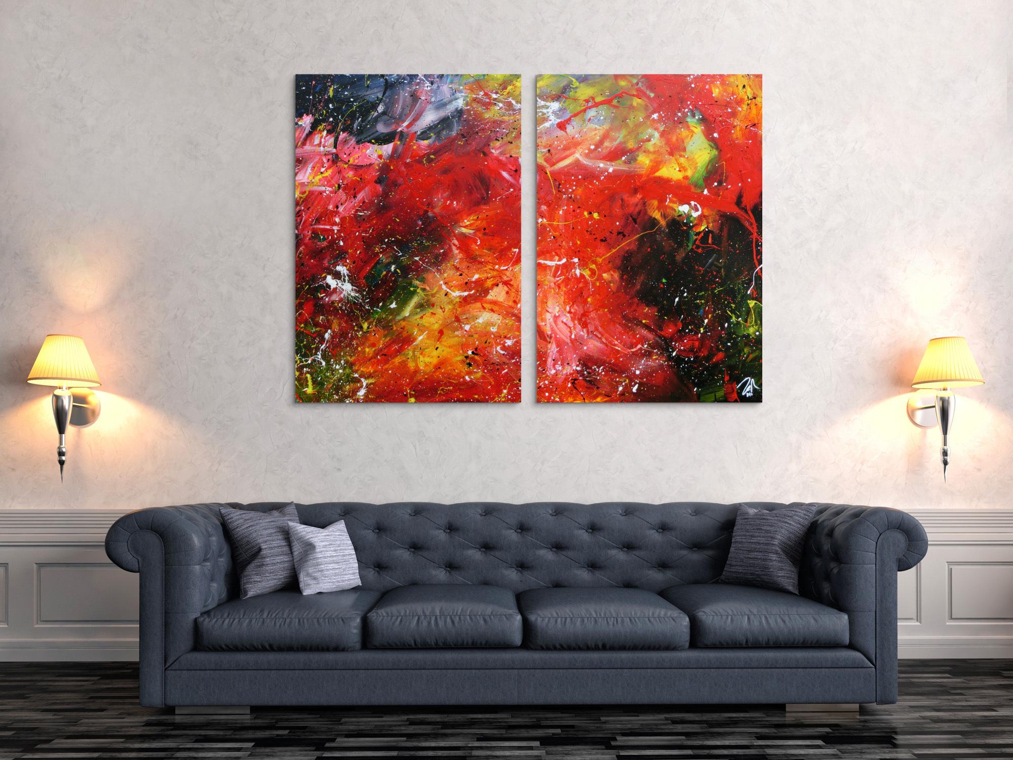 Modernes abstraktes Acrylgemälde bunt aus zwei Teilen