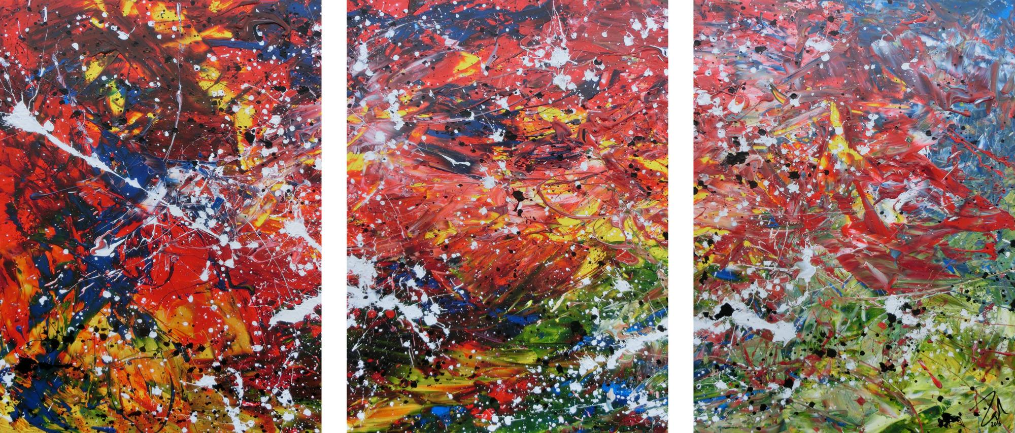 Abstraktes Acrylgemälde aus drei Teilen modernes Triptychon