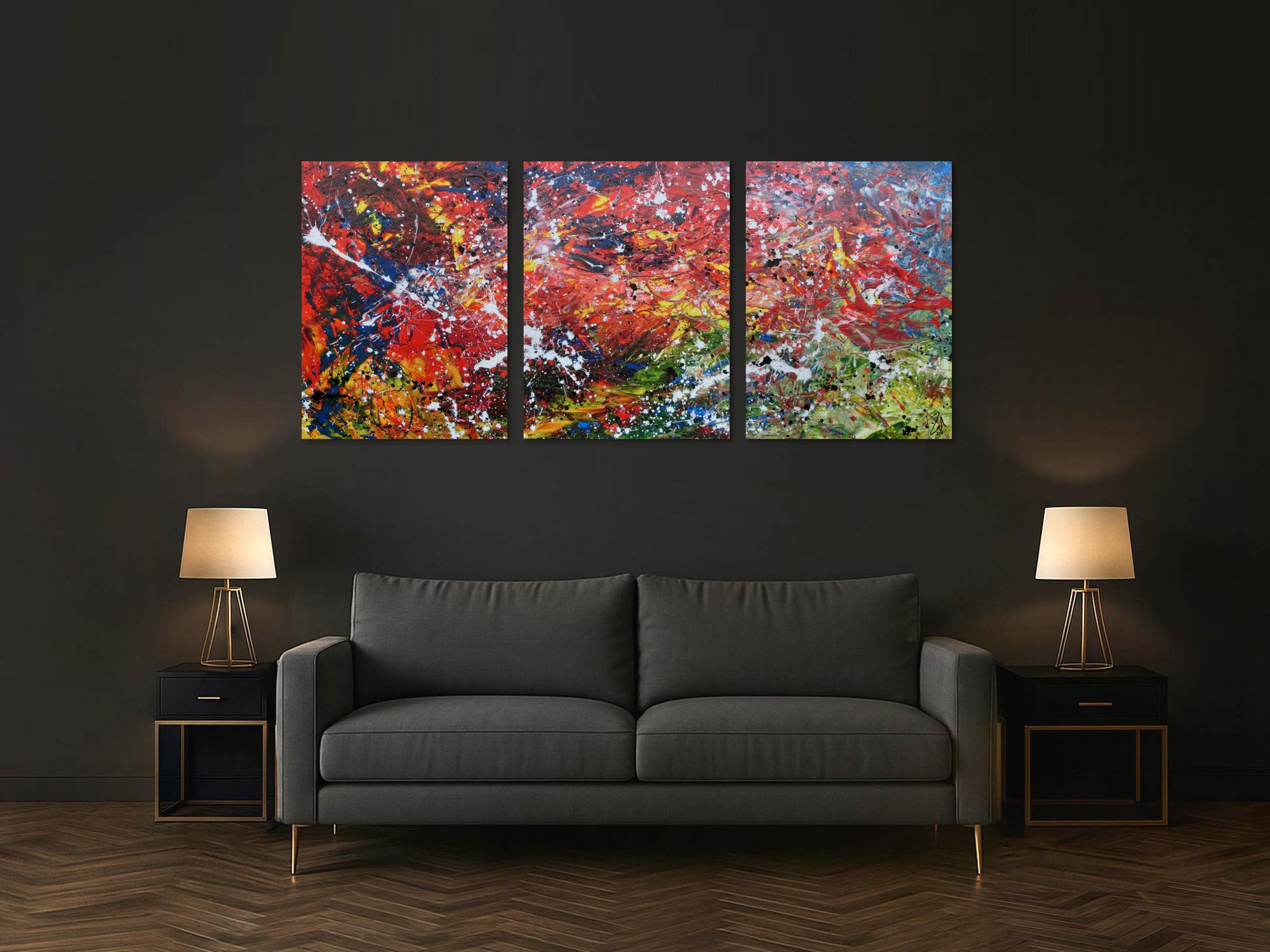 Abstraktes Acrylgemälde aus drei Teilen modernes Triptychon