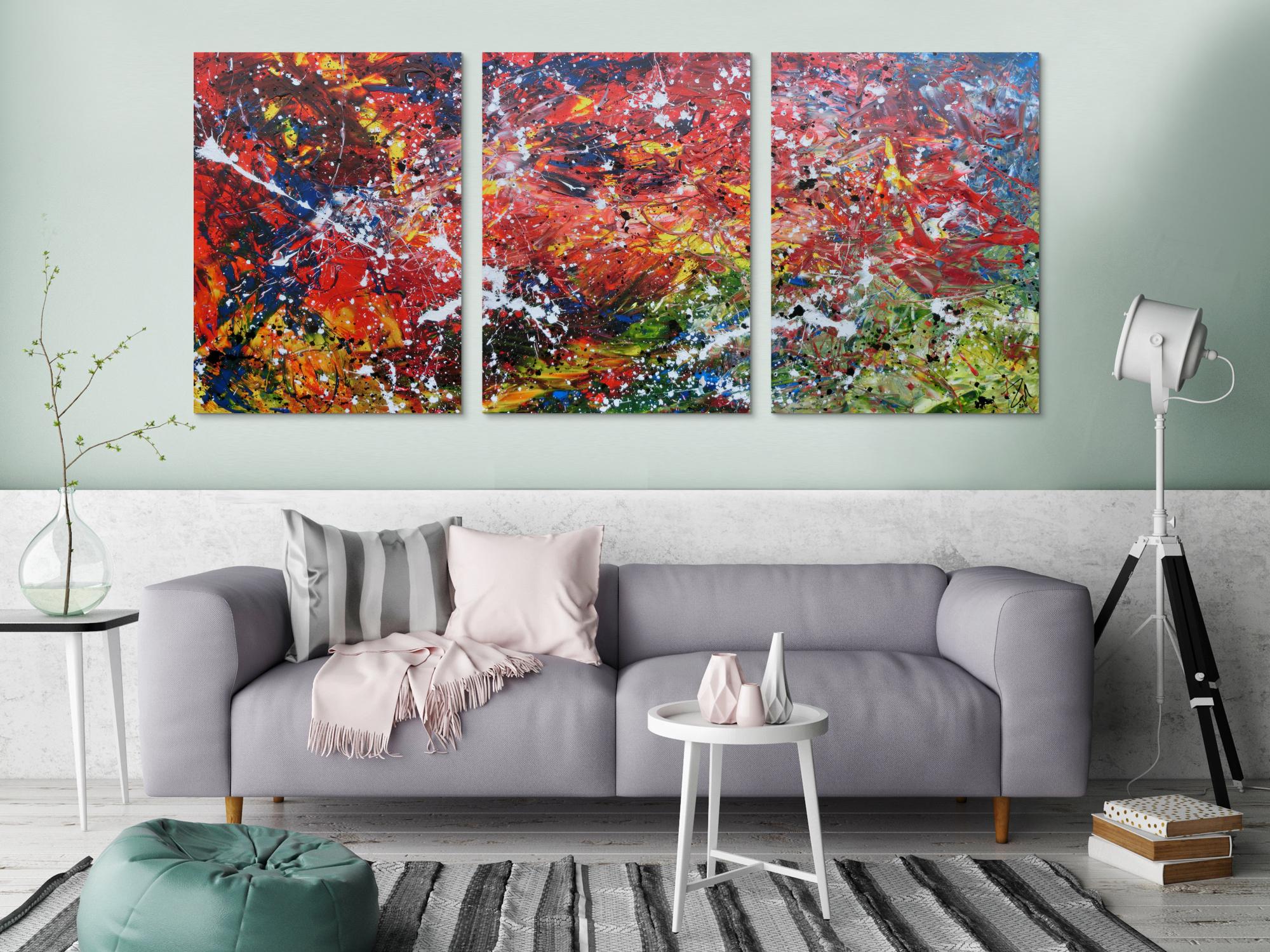 Abstraktes Acrylgemälde aus drei Teilen modernes Triptychon