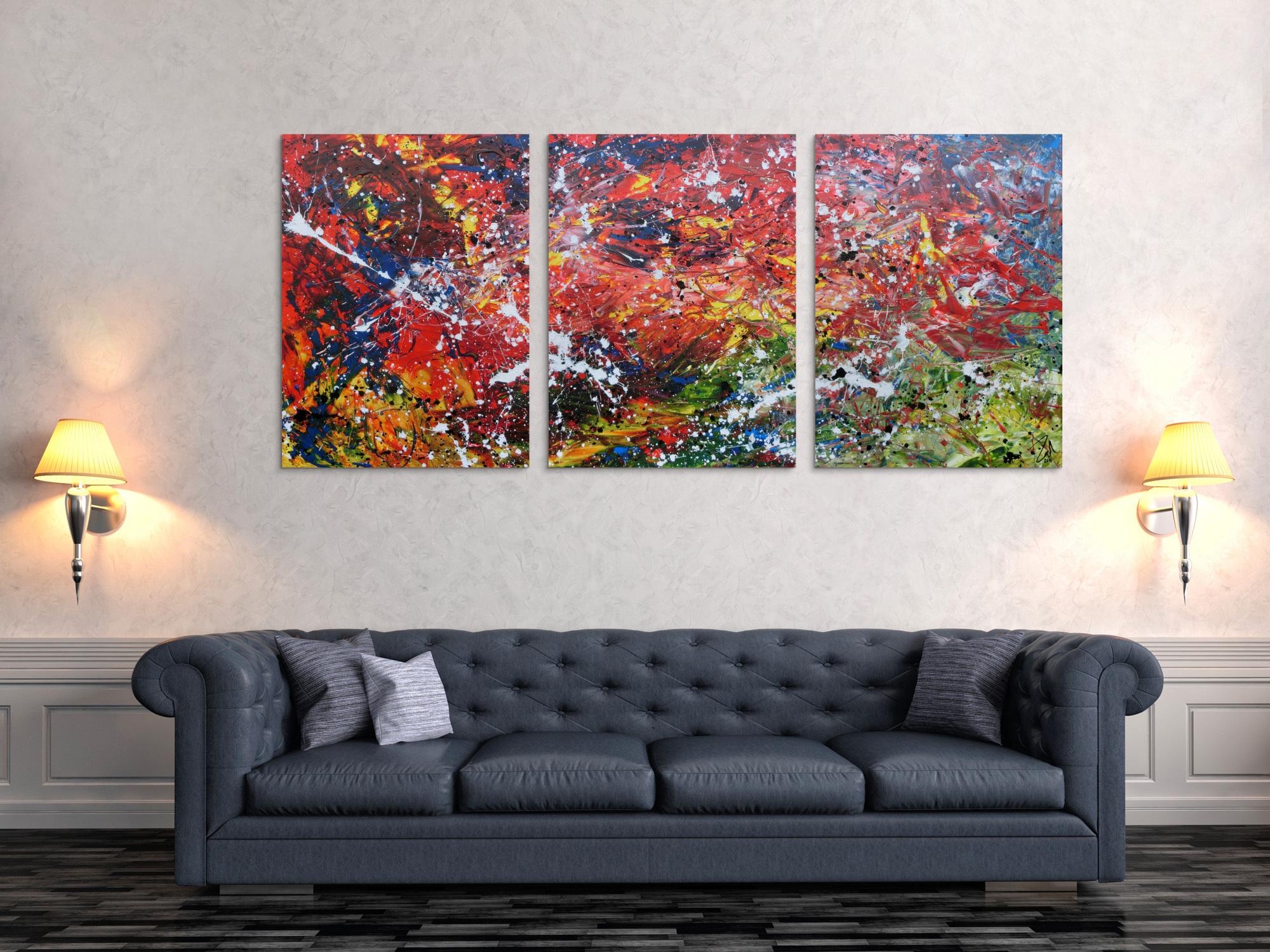 Abstraktes Acrylgemälde aus drei Teilen modernes Triptychon