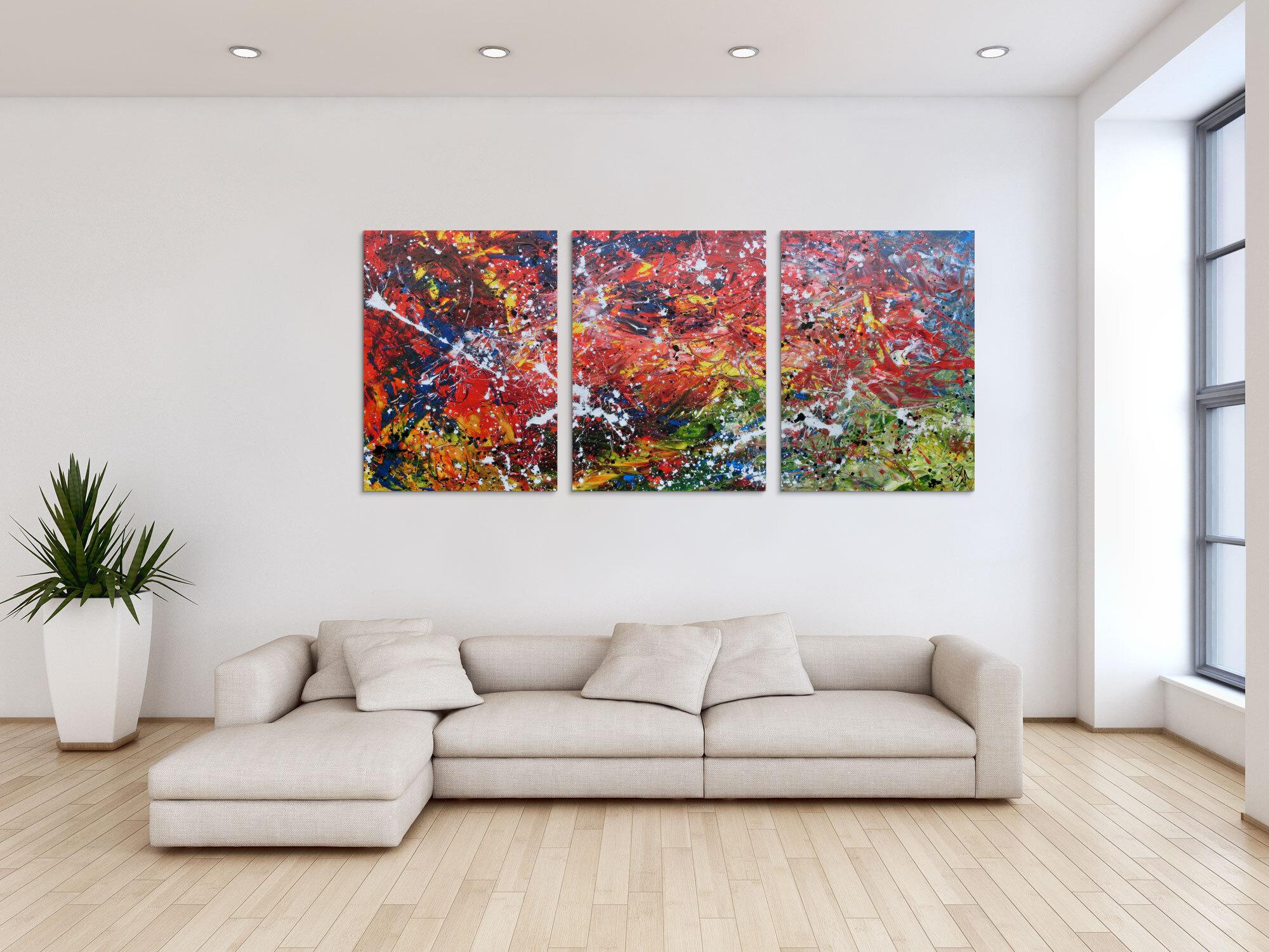 Abstraktes Acrylgemälde aus drei Teilen modernes Triptychon