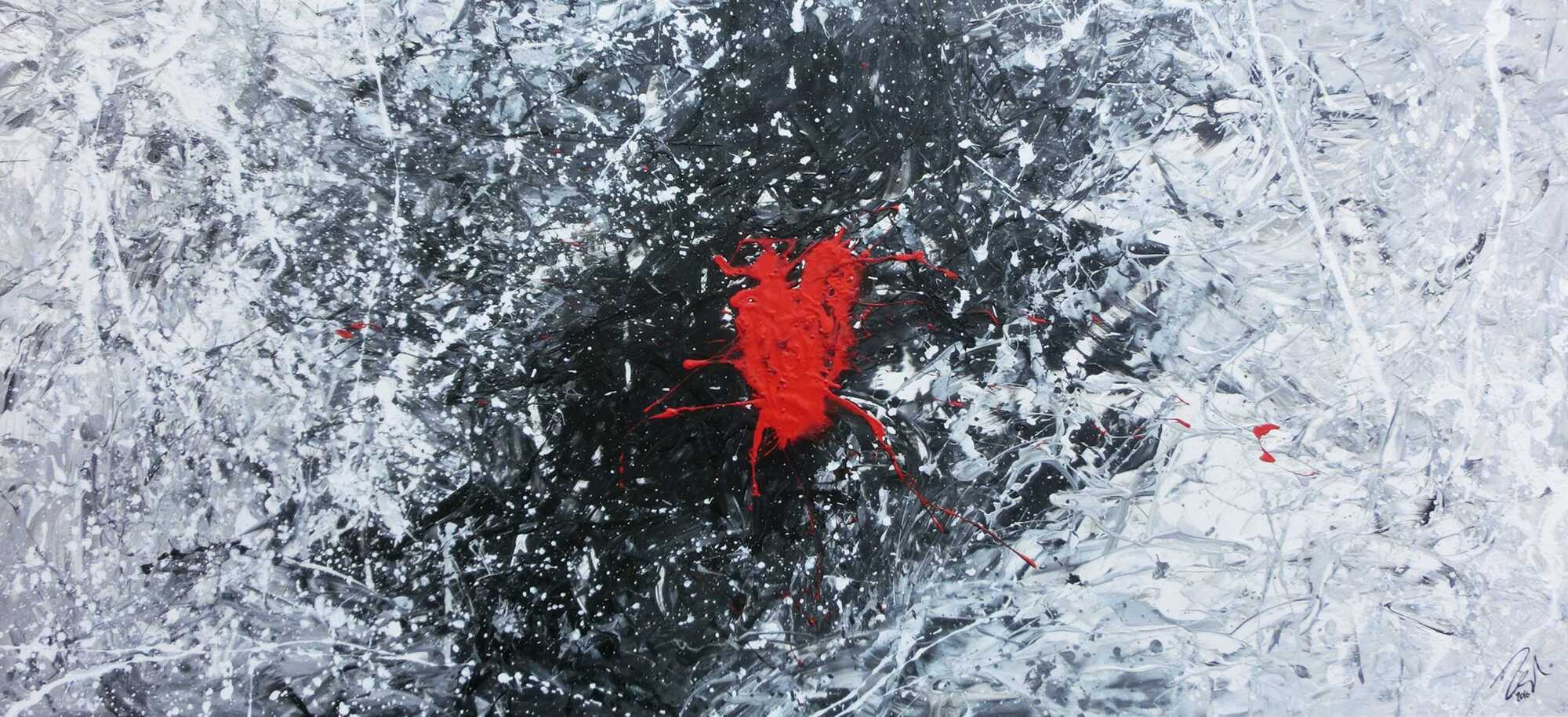 Abstraktes Acrylgemälde in schwarz weiß grau und rot