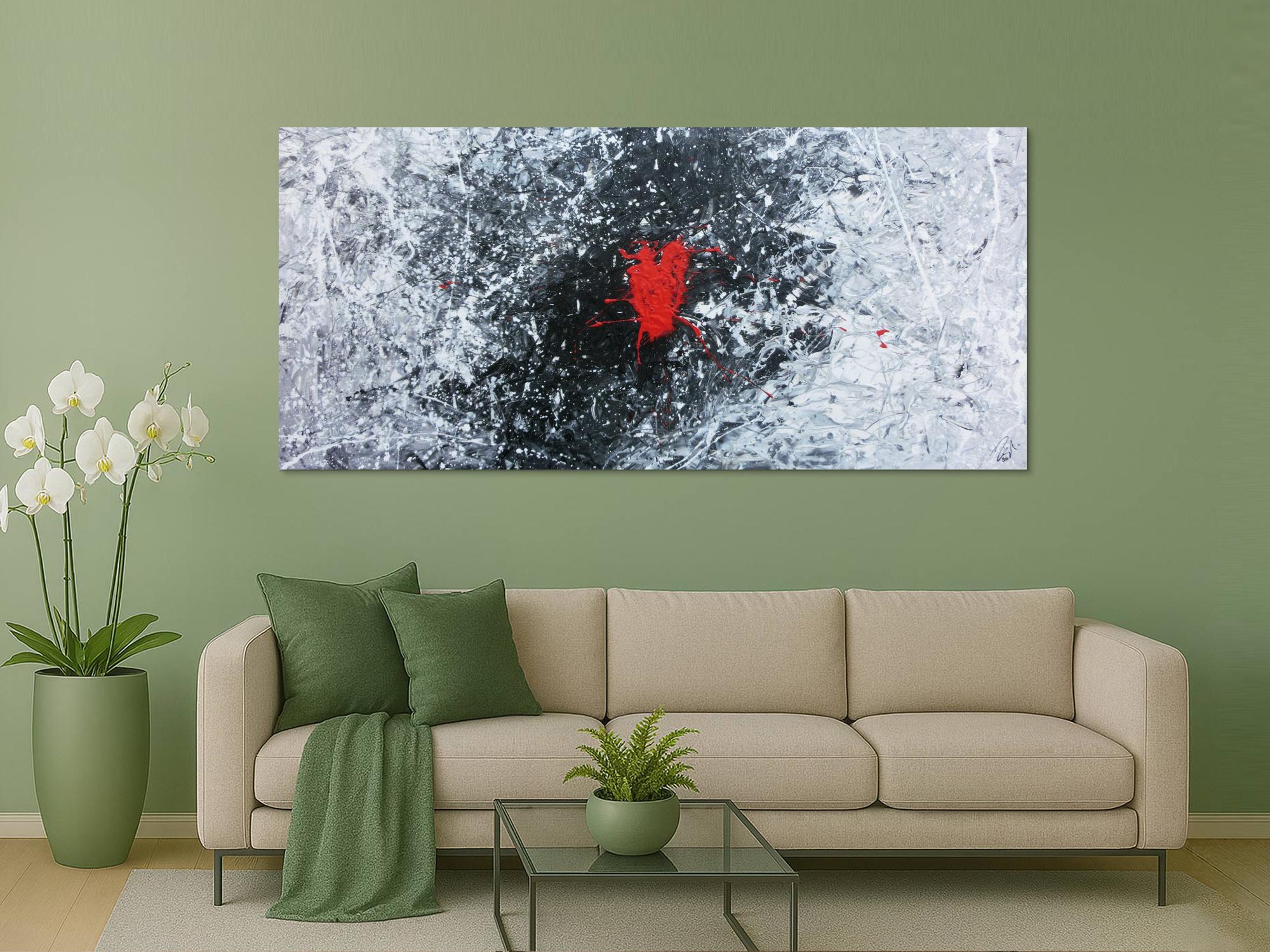 Abstraktes Acrylgemälde in schwarz weiß grau und rot