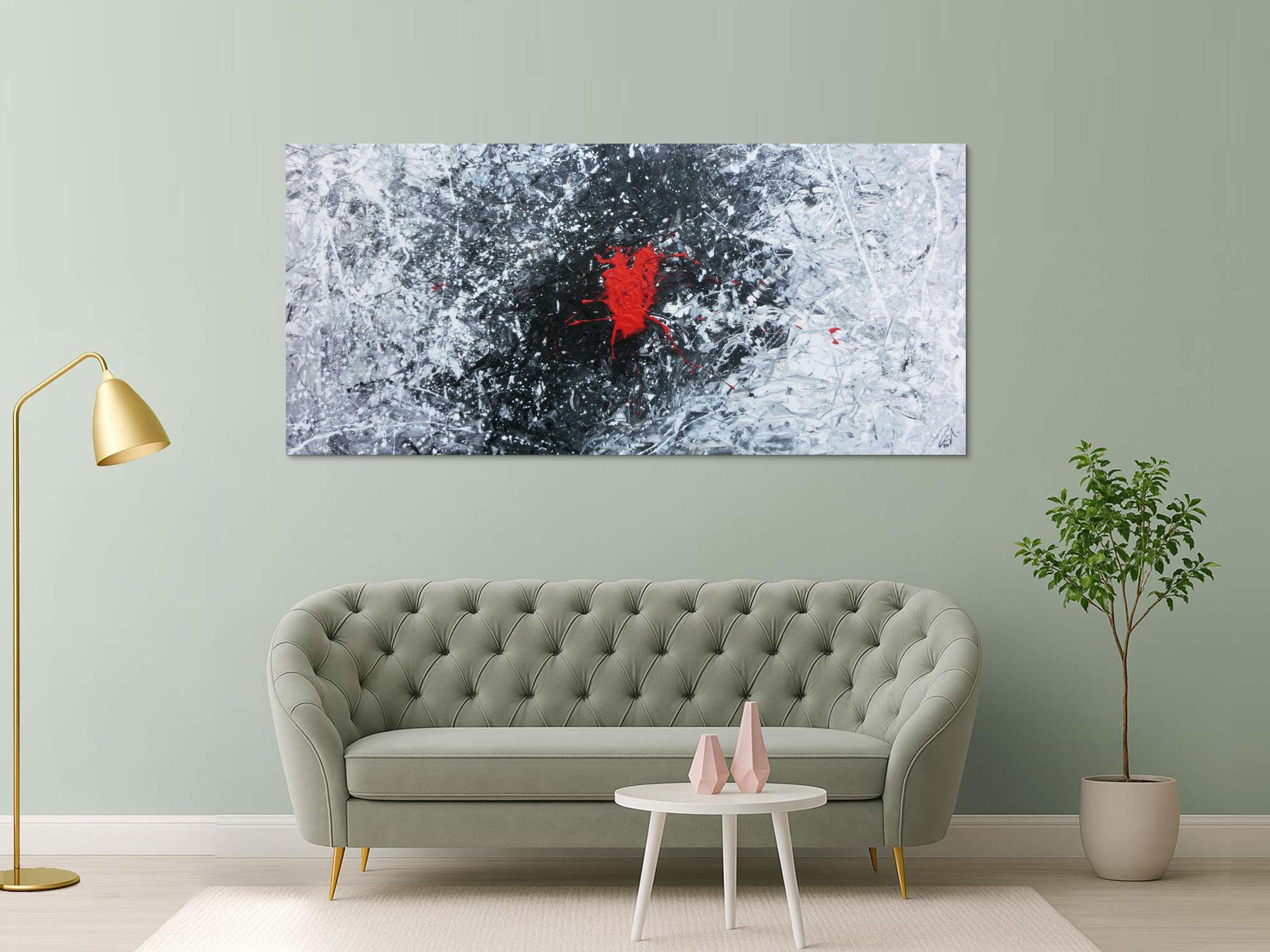 Abstraktes Acrylgemälde in schwarz weiß grau und rot