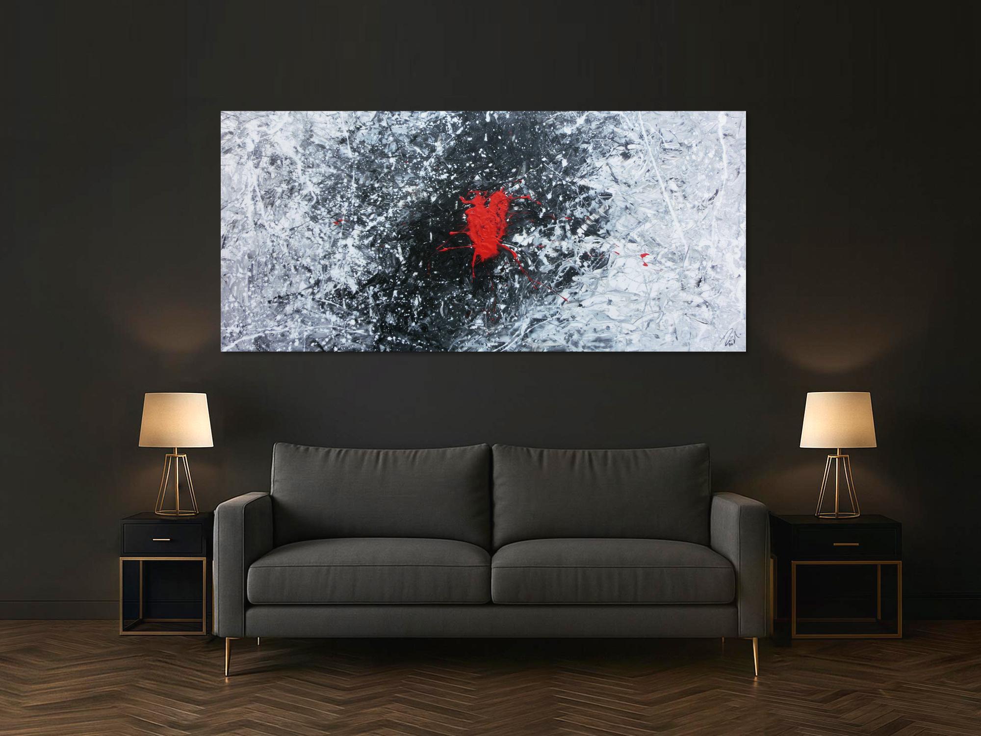 Abstraktes Acrylgemälde in schwarz weiß grau und rot