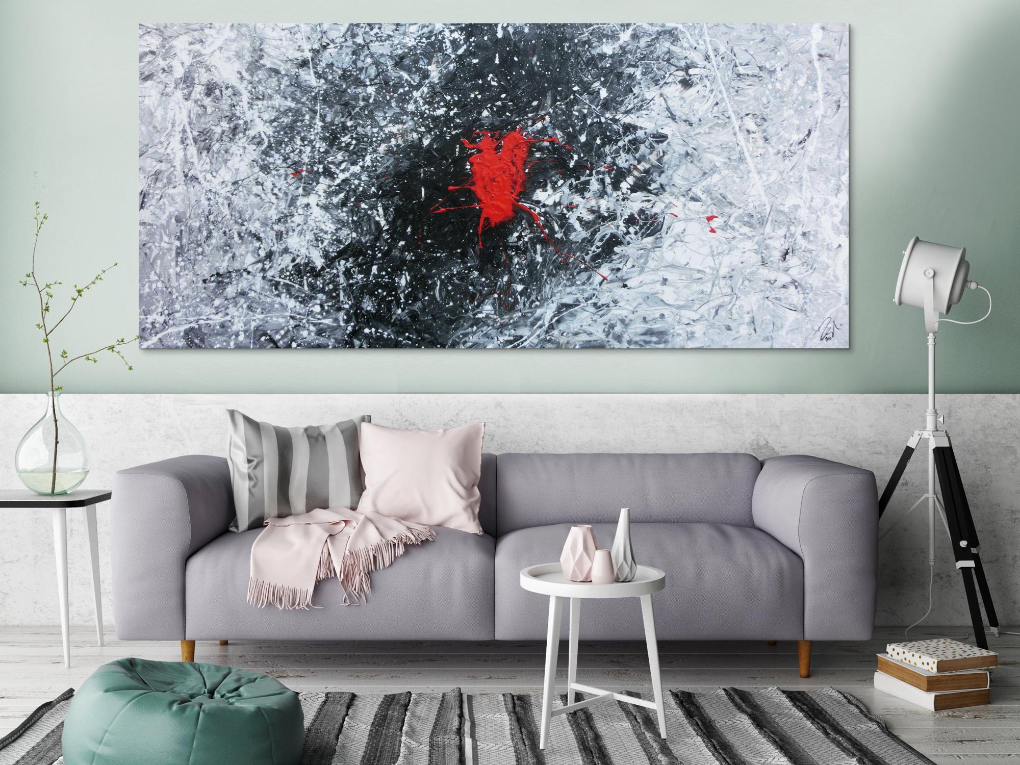 Abstraktes Acrylgemälde in schwarz weiß grau und rot